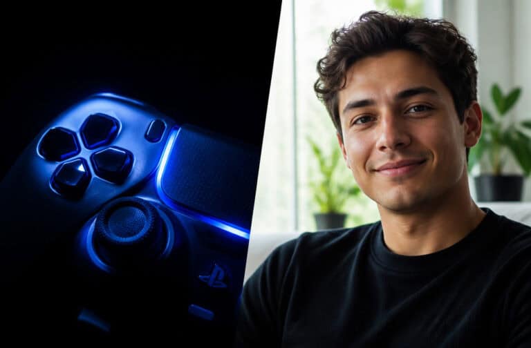 Close-up of a PlayStation 5 controller illuminated with blue lights next to a smiling young man in a black shirt in a bright room.