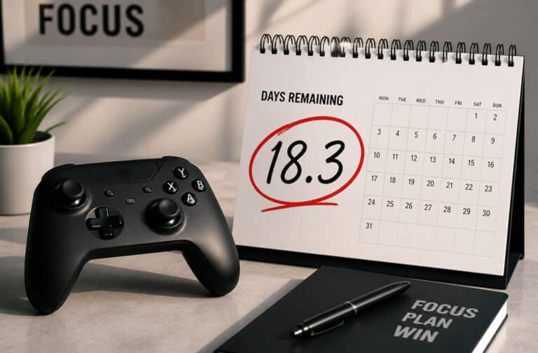 A gaming controller, calendar showing 18.3 days remaining, and a focus planner on a modern desk for gaming and productivity.