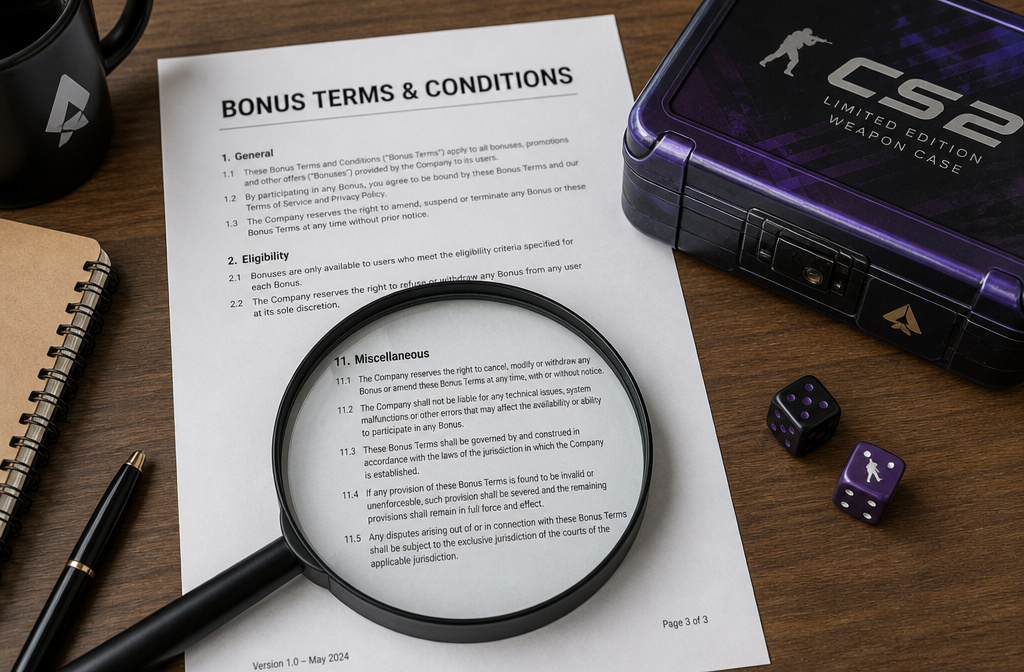 6 Checks Before Using a CS2 Case Site (Red Flags) 3 Close-up of a limited edition weapon case with gaming accessories, including dice, a magnifying glass, and a document titled 'Bonus Terms & Conditions' on a wooden surface.