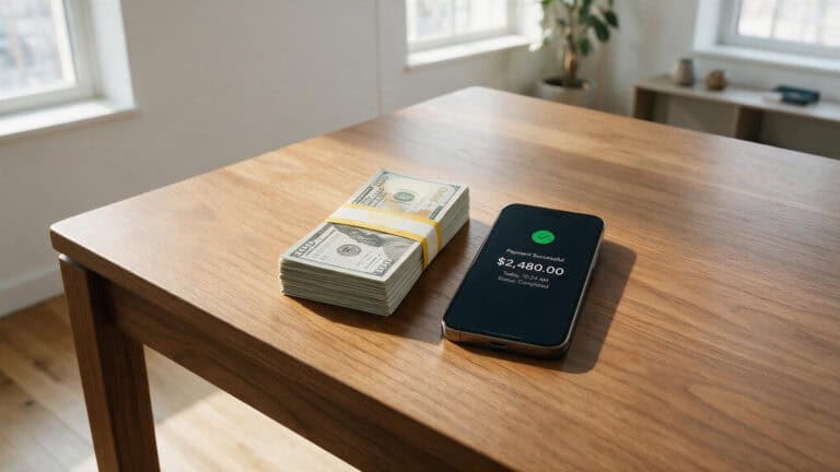 A stack of US dollar bills and a smartphone displaying a bank balance on a wooden table in a bright room.
