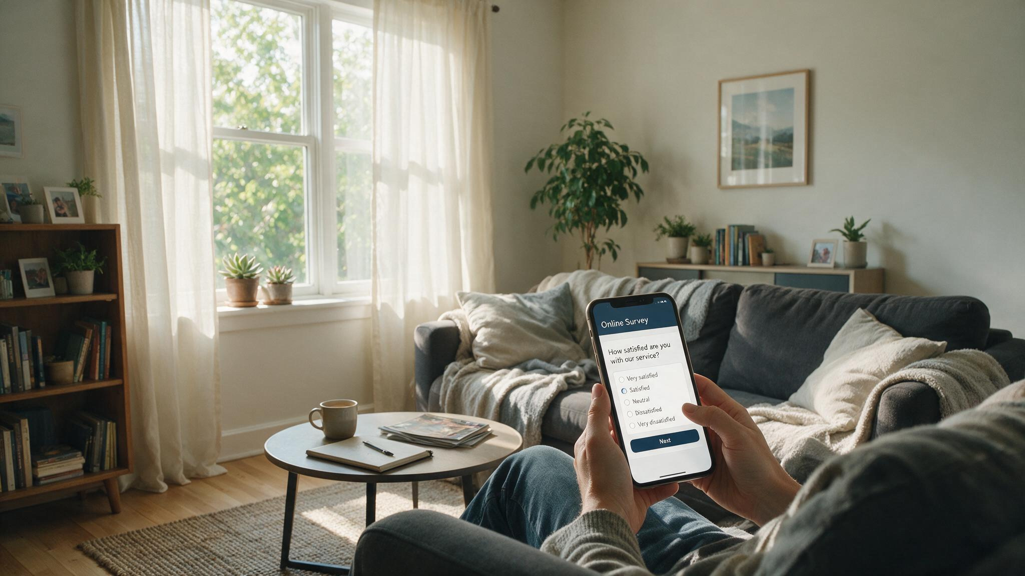 Person taking an online survey on a smartphone from a couch for quick cash methods