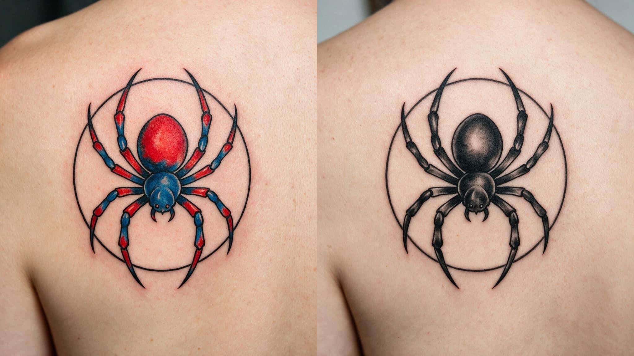 Colorful and black spider tattoo designs on shoulder, showcasing detailed line work and vibrant colors versus monochrome style, ideal for body art enthusiasts.