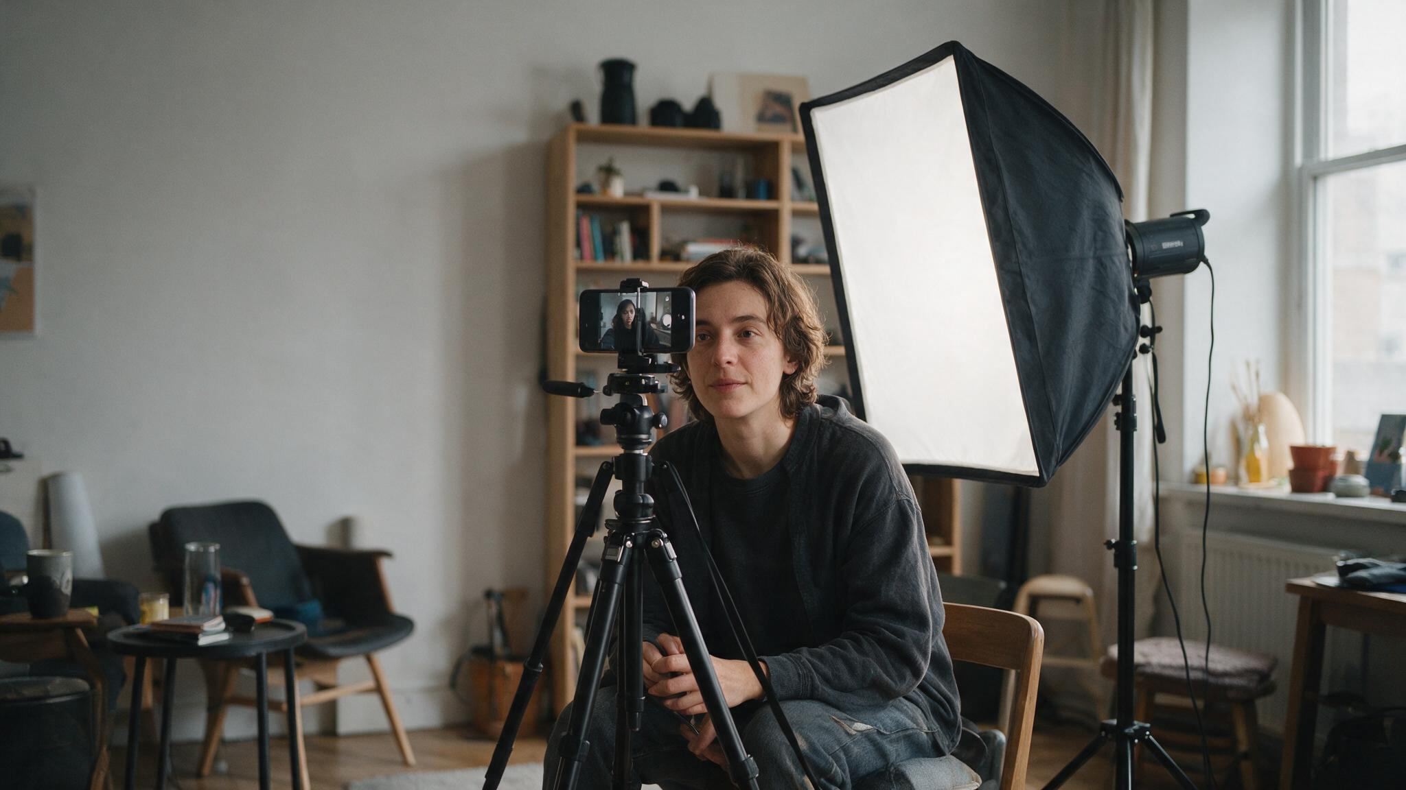 Is Making Money Online Worth It? A 9-Year Reality Check 4 Content creator filming a video with a smartphone on a tripod in a home studio setup.
