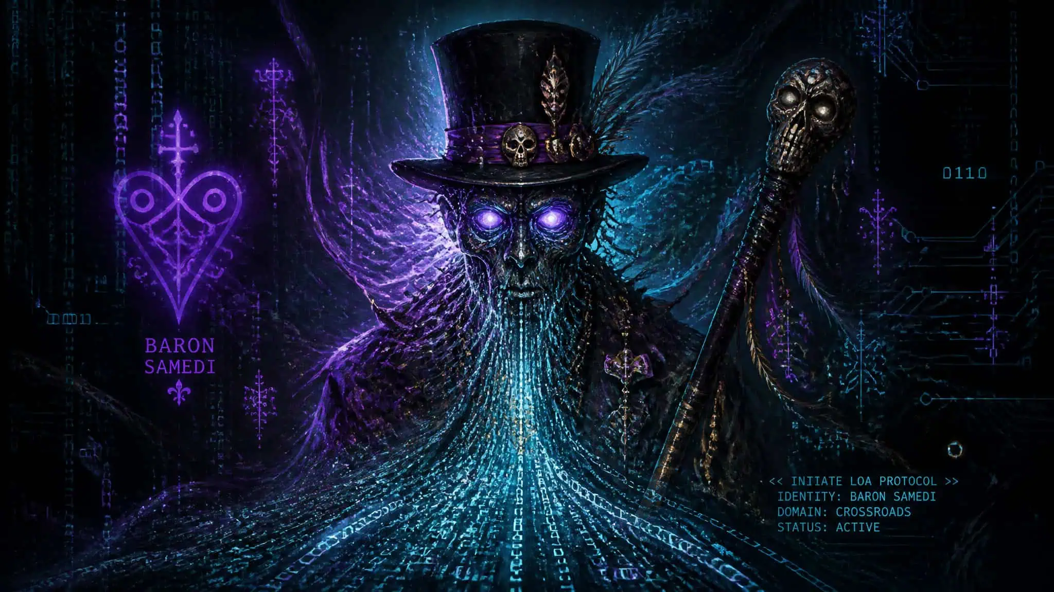 Count Zero voodoo loa spirit emerging from data stream in cyberspace