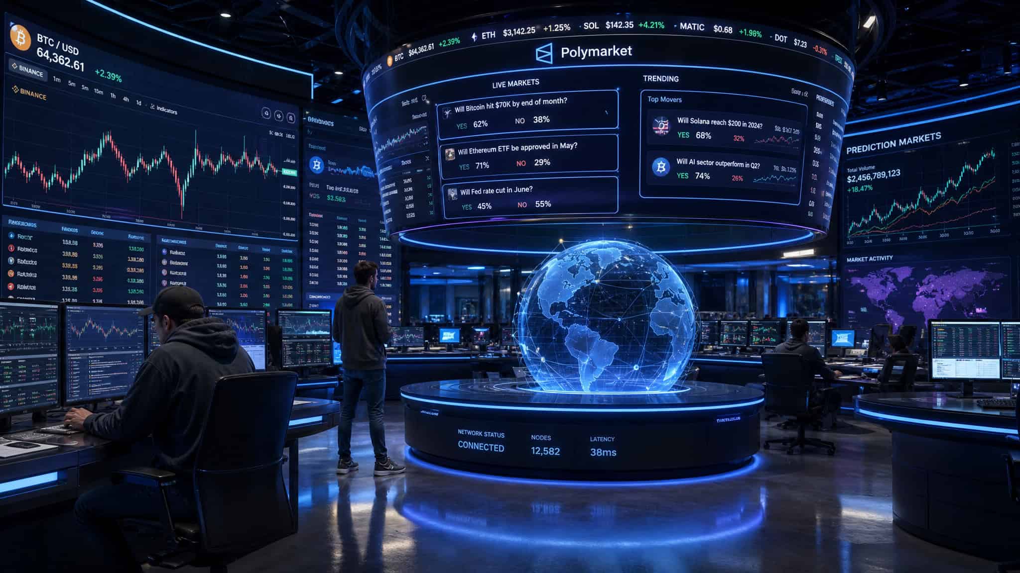 High-tech stock trading room with multiple screens displaying financial data, global market trends, and a digital globe at the center, emphasizing advanced trading technology.