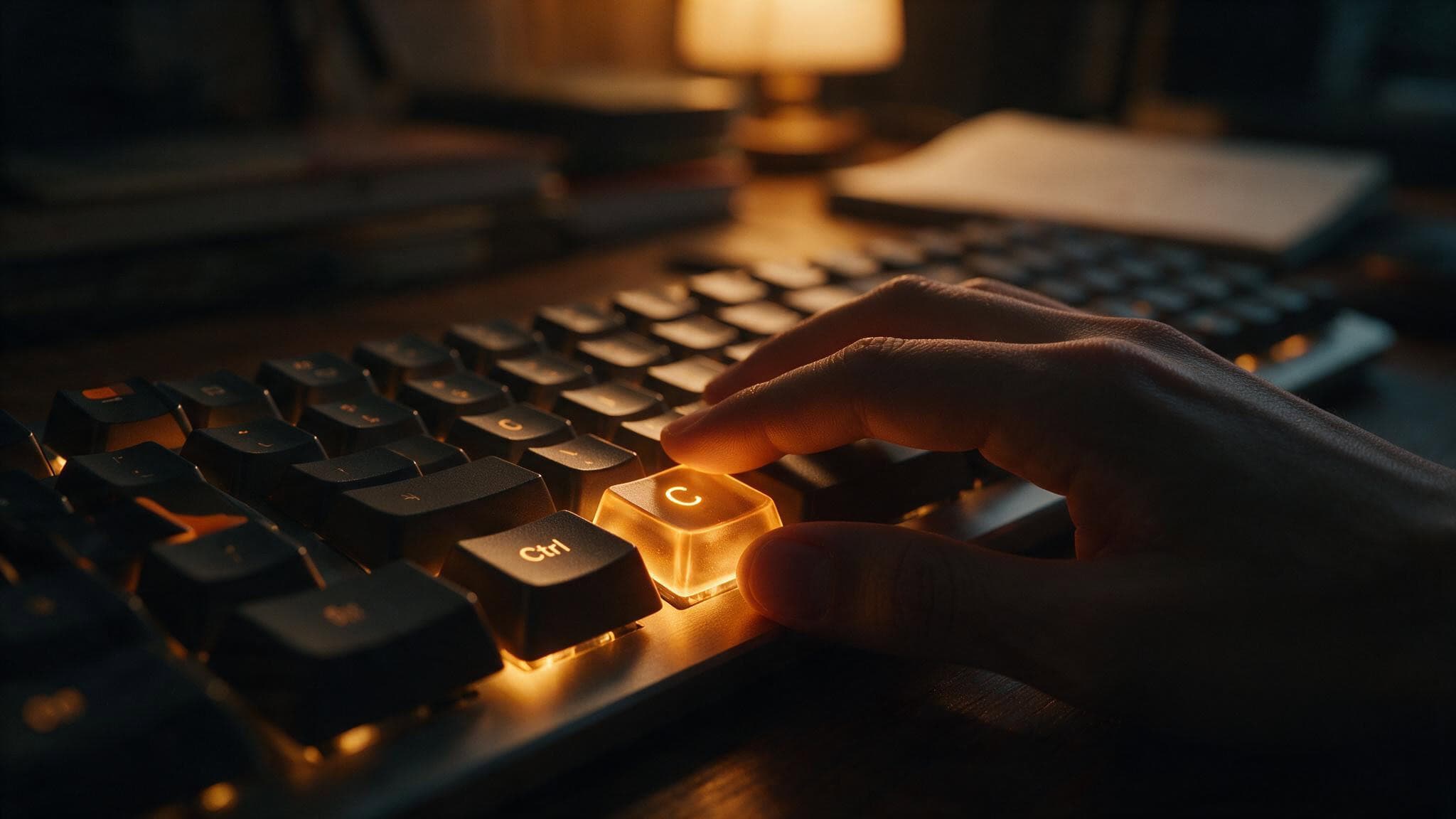 Close-up of a hand pressing a backlit key on a mechanical keyboard in a dimly lit environment, emphasizing gaming or typing setup.