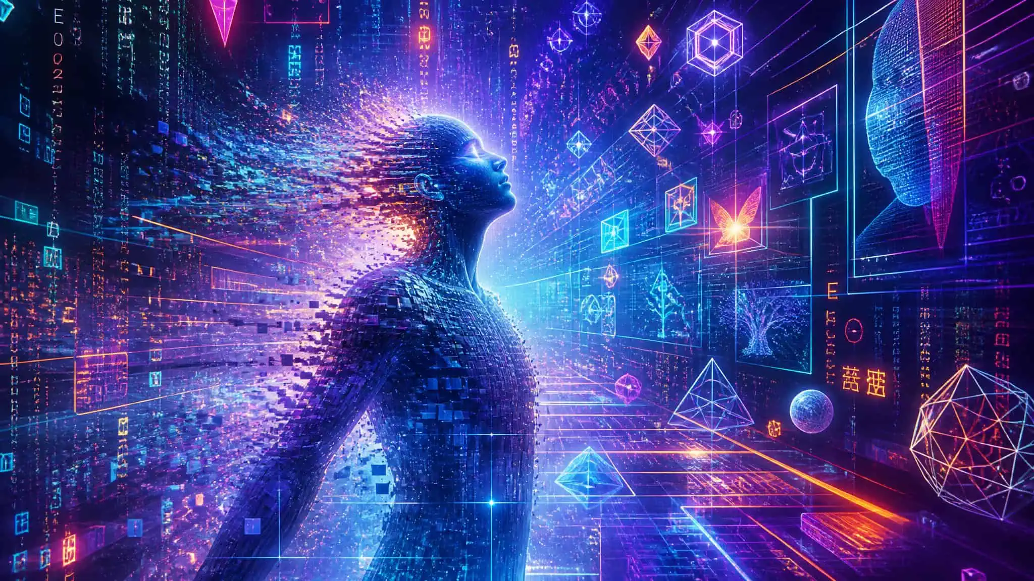 Abstract visualization of cyberspace from Neuromancer, showing a human figure merging with digital data streams.