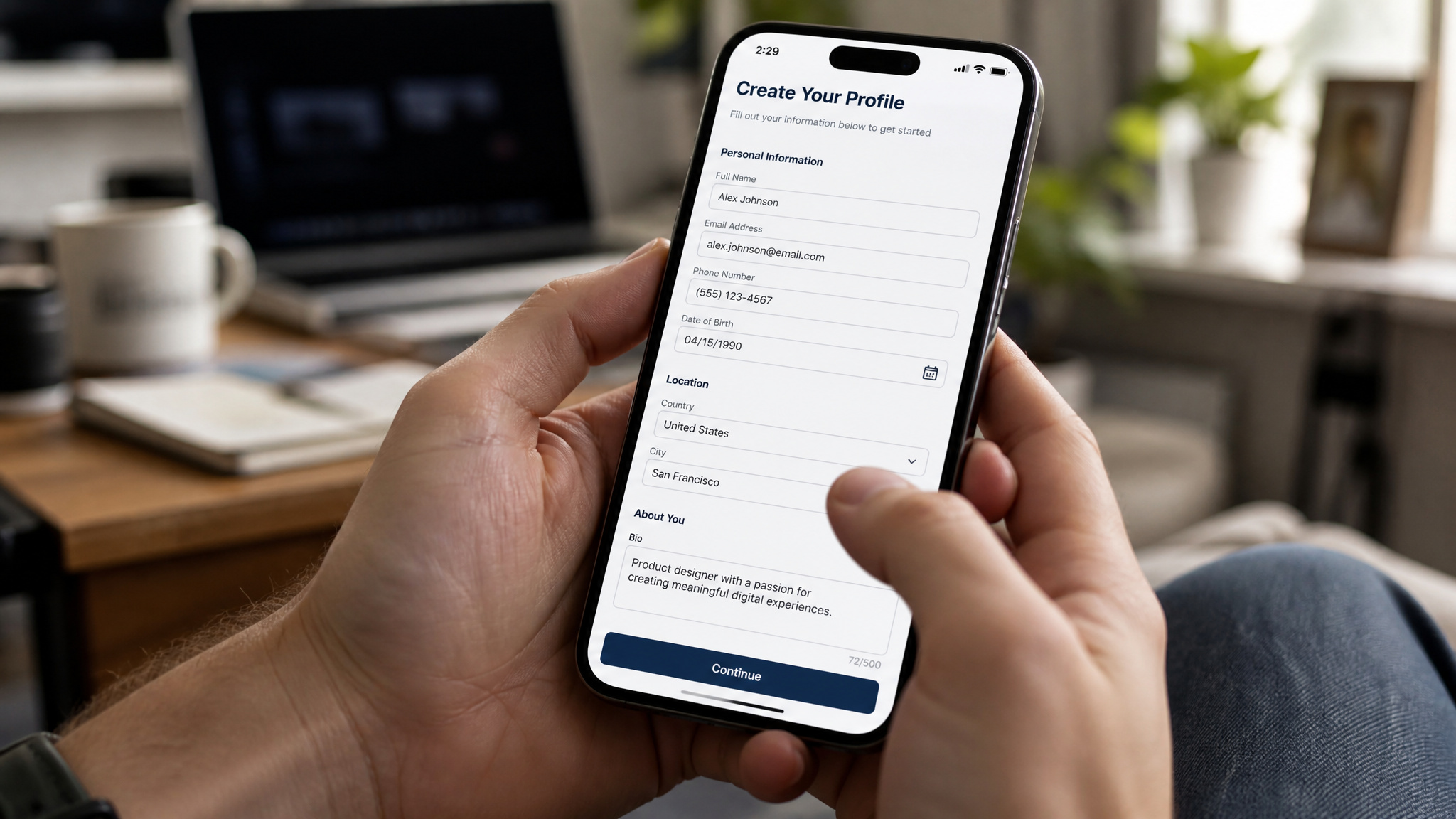 Hands filling out a demographic profile on a smartphone for app testing platform matching.