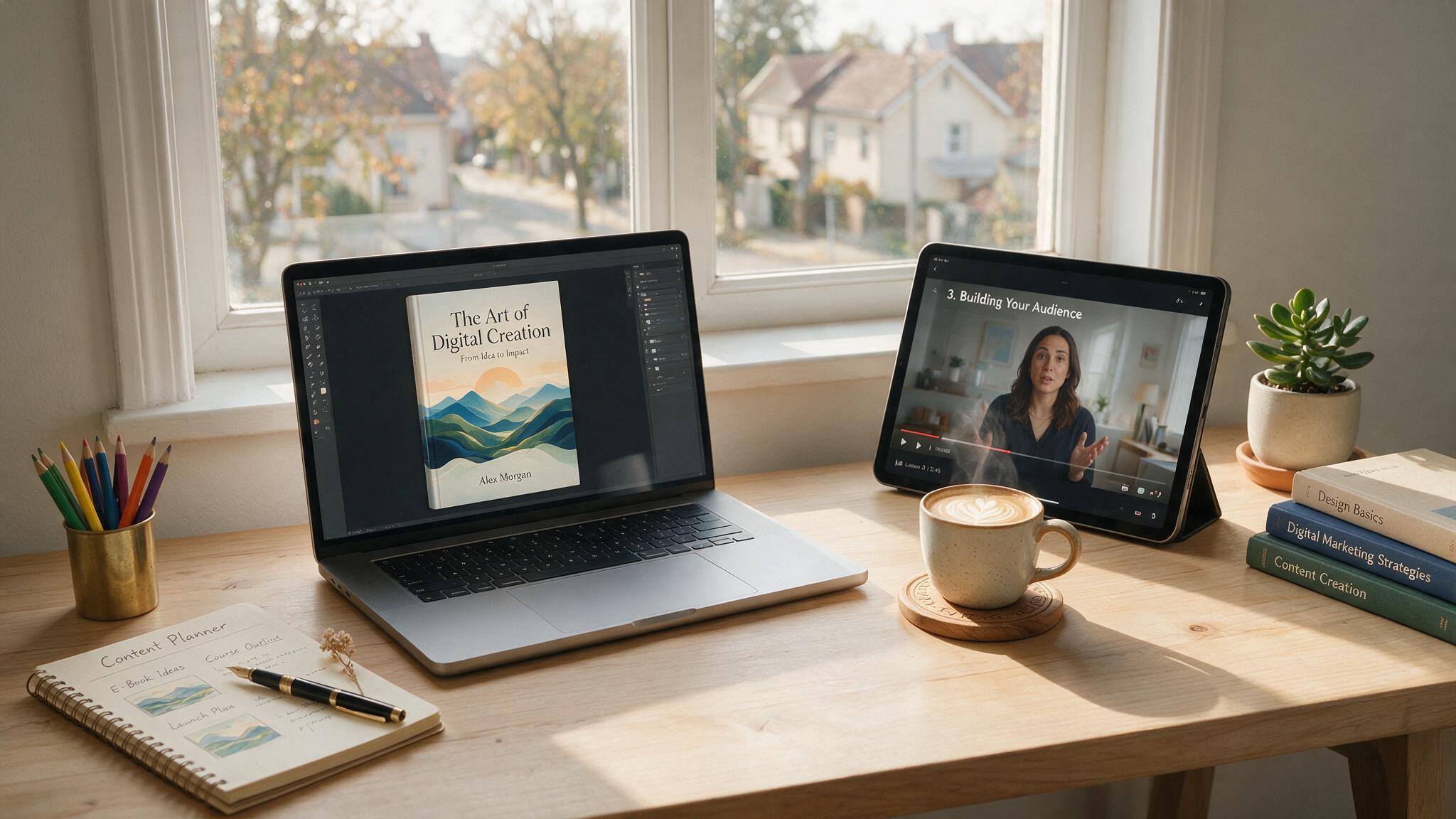 10 Trusted Online Money-Making Sites (Vetted by Data, Not Hype) 5 Workspace with laptop showing ebook cover and tablet with course video for digital products