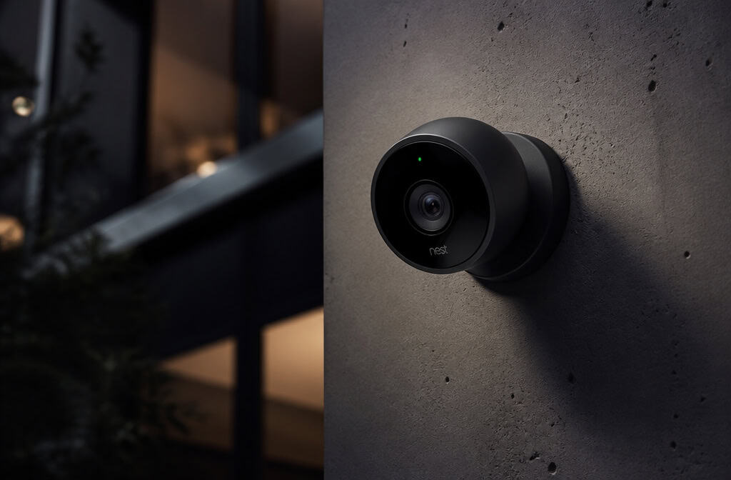 Wireless Nest security camera mounted on a wall for home security, capturing high-definition video with night vision capabilities.