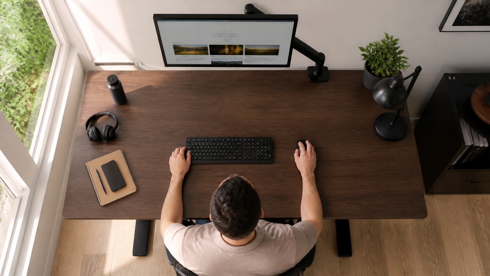 Ergonomic desk setup with monitor at eye level to prevent gamer neck.