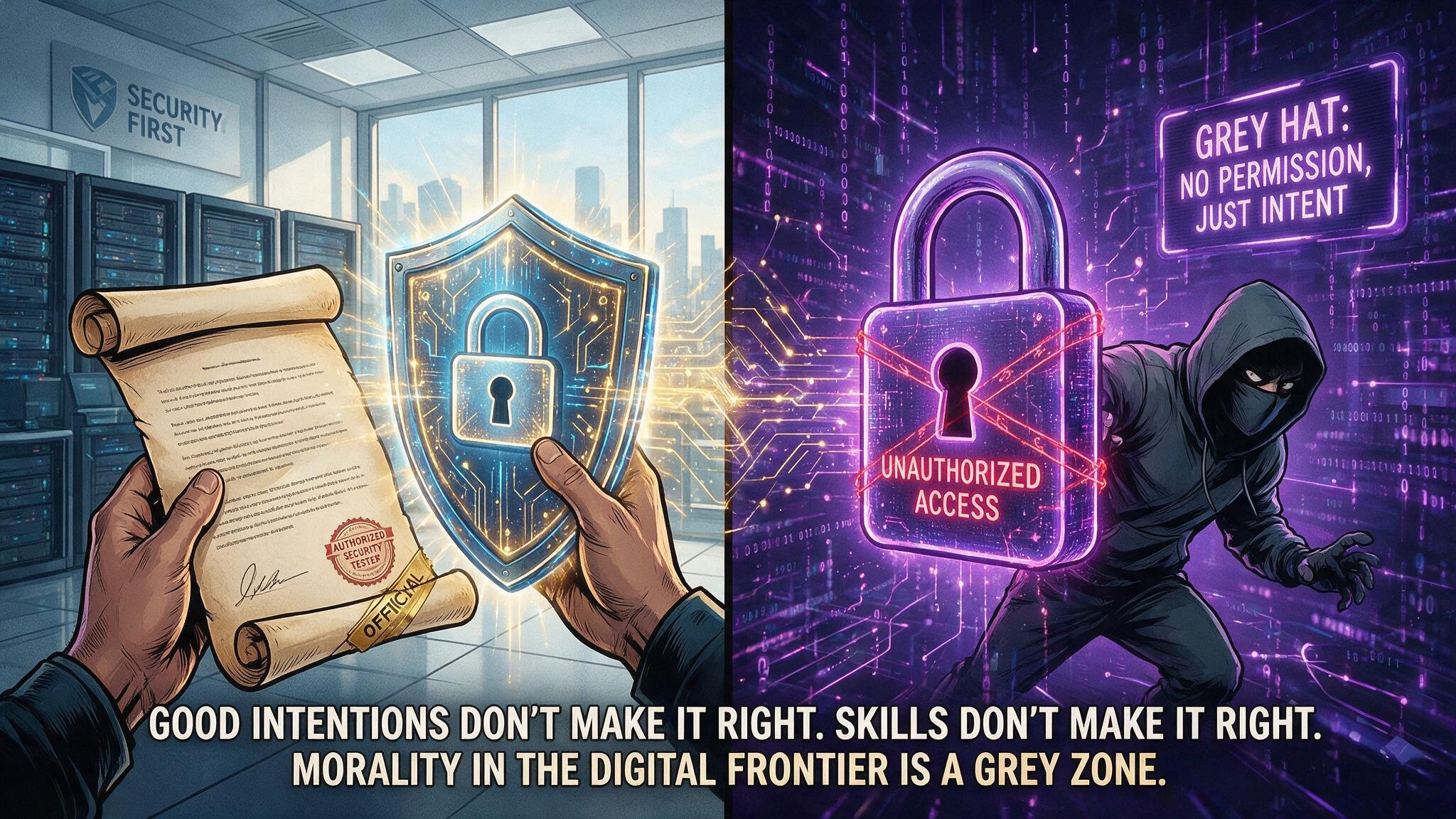Grey Hat Money: How I Made $100/Day with a TV Show Site and CPA Locking 2 Split illustration comparing white-hat ethical hacker with contract and grey-hat figure bypassing a digital lock