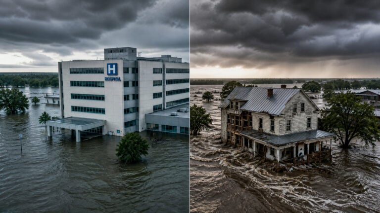 Flooded hospital and residential area during severe storm, showing extensive water damage and rising floodwaters affecting buildings and streets.
