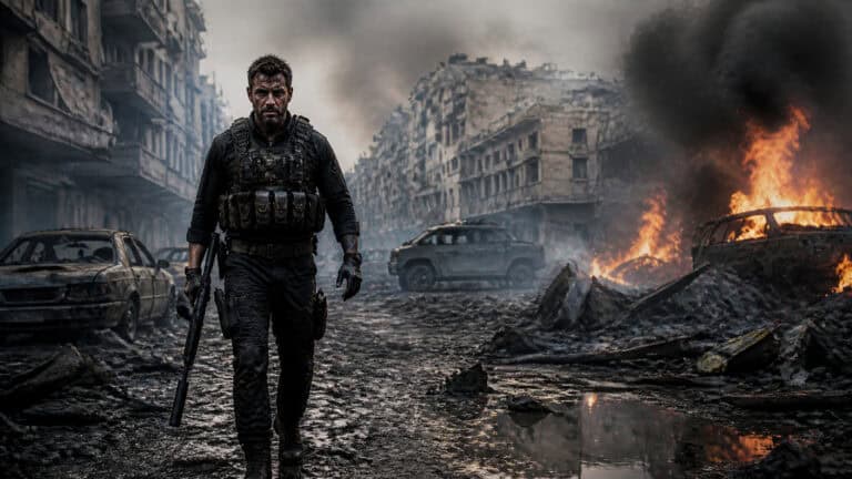 A soldier in tactical gear walking through a war-torn city with burning vehicles and smoke-filled skies, depicting chaos and destruction.