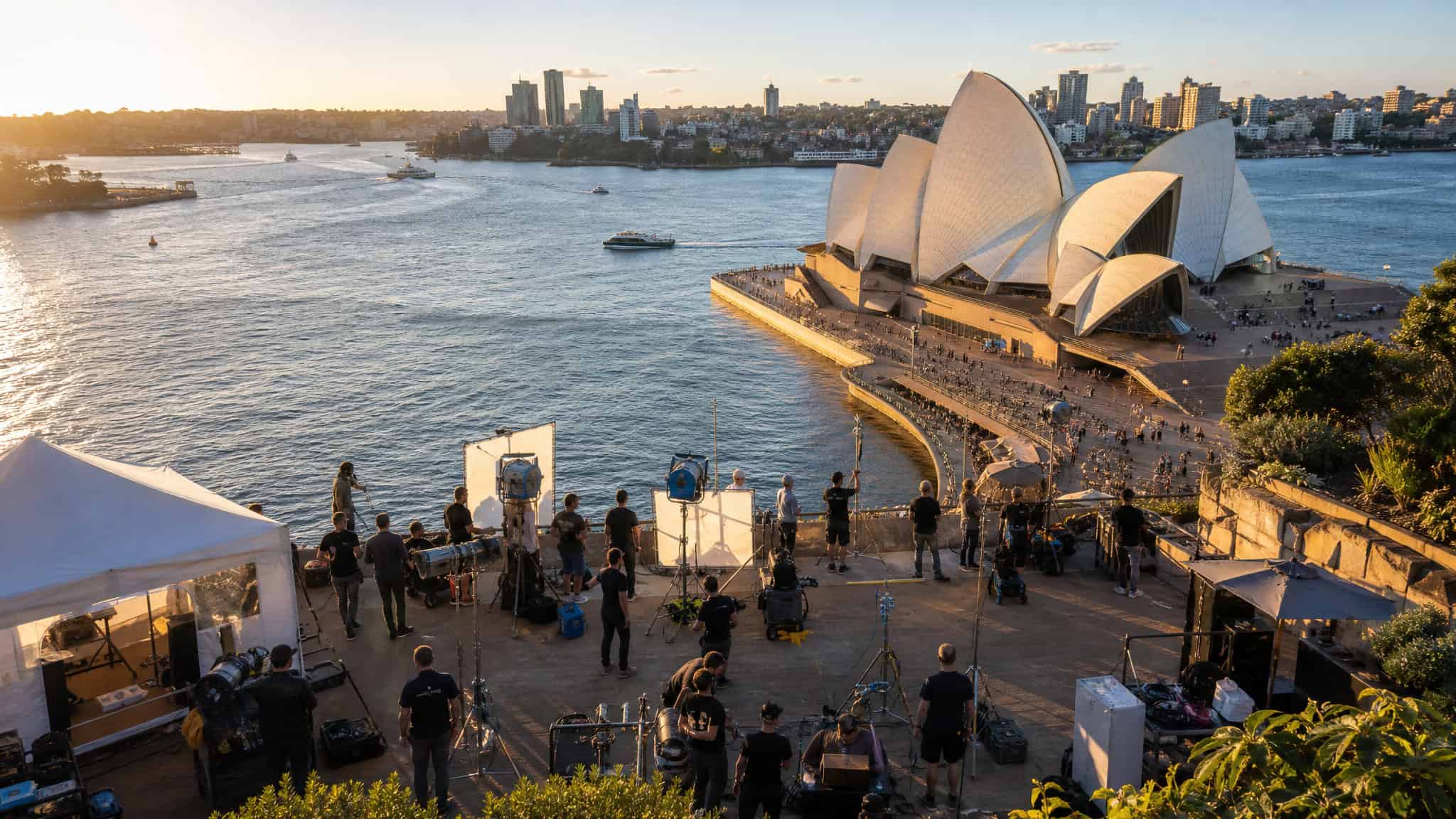 Aerial view of Sydney Harbour with film crew for Extraction 3 production