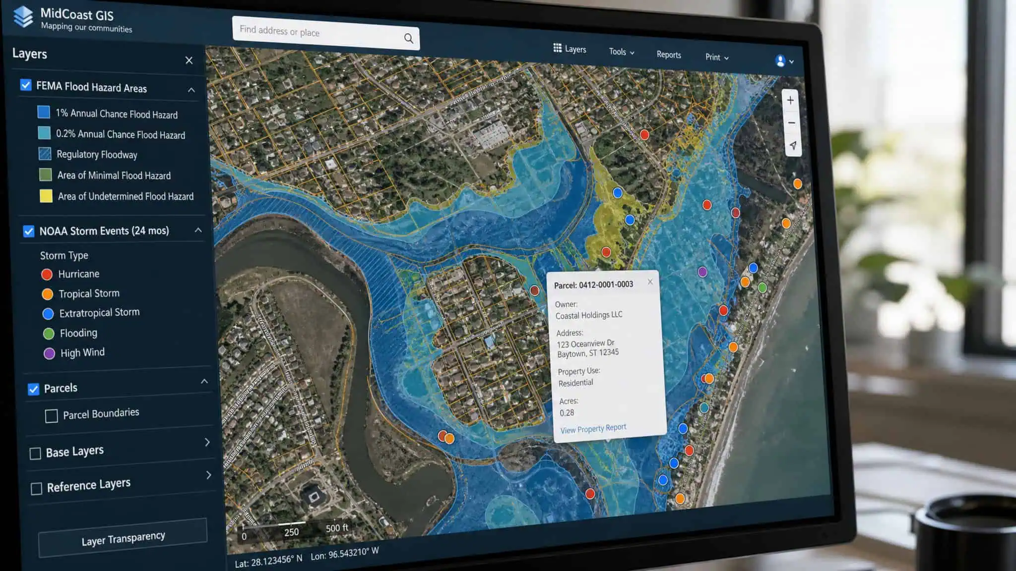 Detailed flood risk map showing flood zones, storm events, and flood hazards in an urban area, with interactive layers and parcel boundaries for comprehensive analysis.