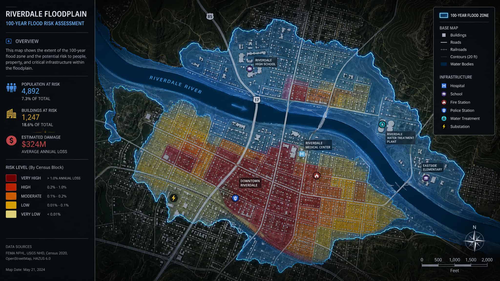 Flood risk map of Riverdale showing high, moderate, and low risk zones with color-coded areas and infrastructure details.