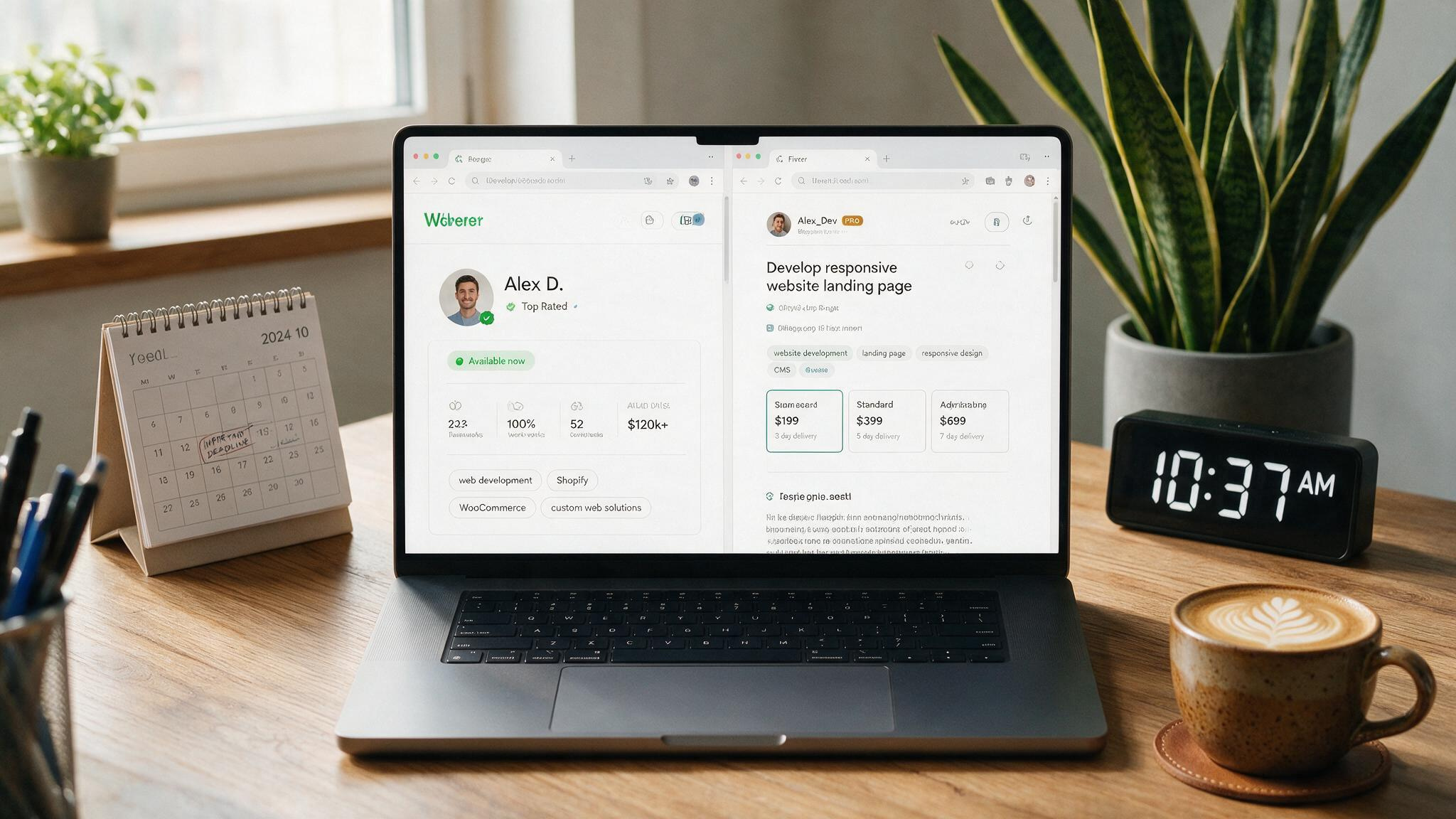 Is Making Money Online Worth It? A 9-Year Reality Check 2 Laptop displaying Upwork and Fiverr freelancing platforms with a calendar and clock.
