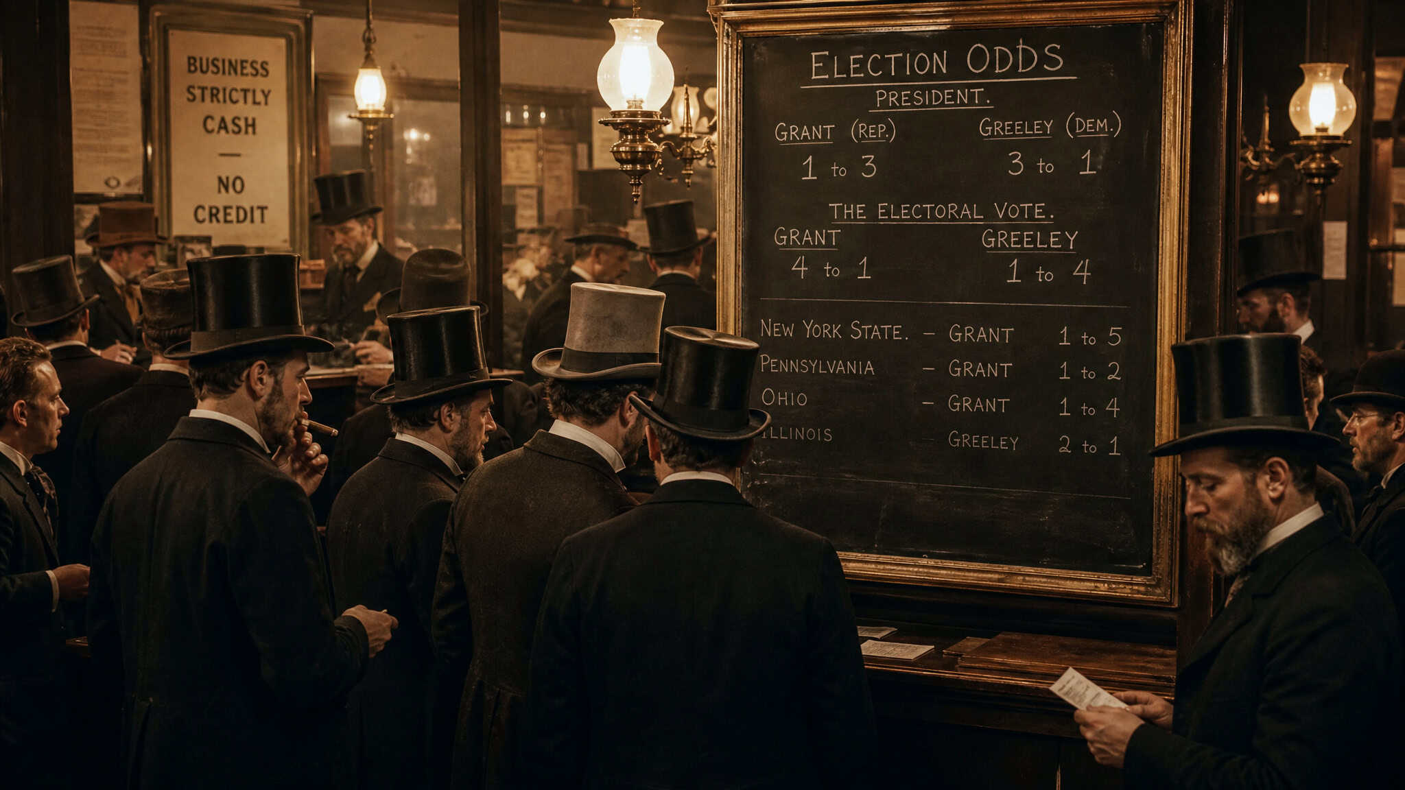 How Are Prediction Markets Different from Gambling? The Structural, Legal, and Psychological Divide 2 1880s Wall Street betting parlor with election odds on a chalkboard.