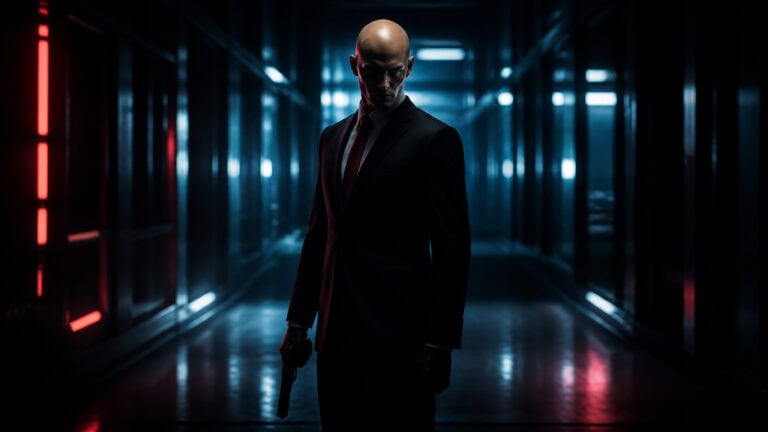 A bald man in a suit holding a gun stands in a dimly lit, futuristic corridor with neon lights reflecting off the walls.