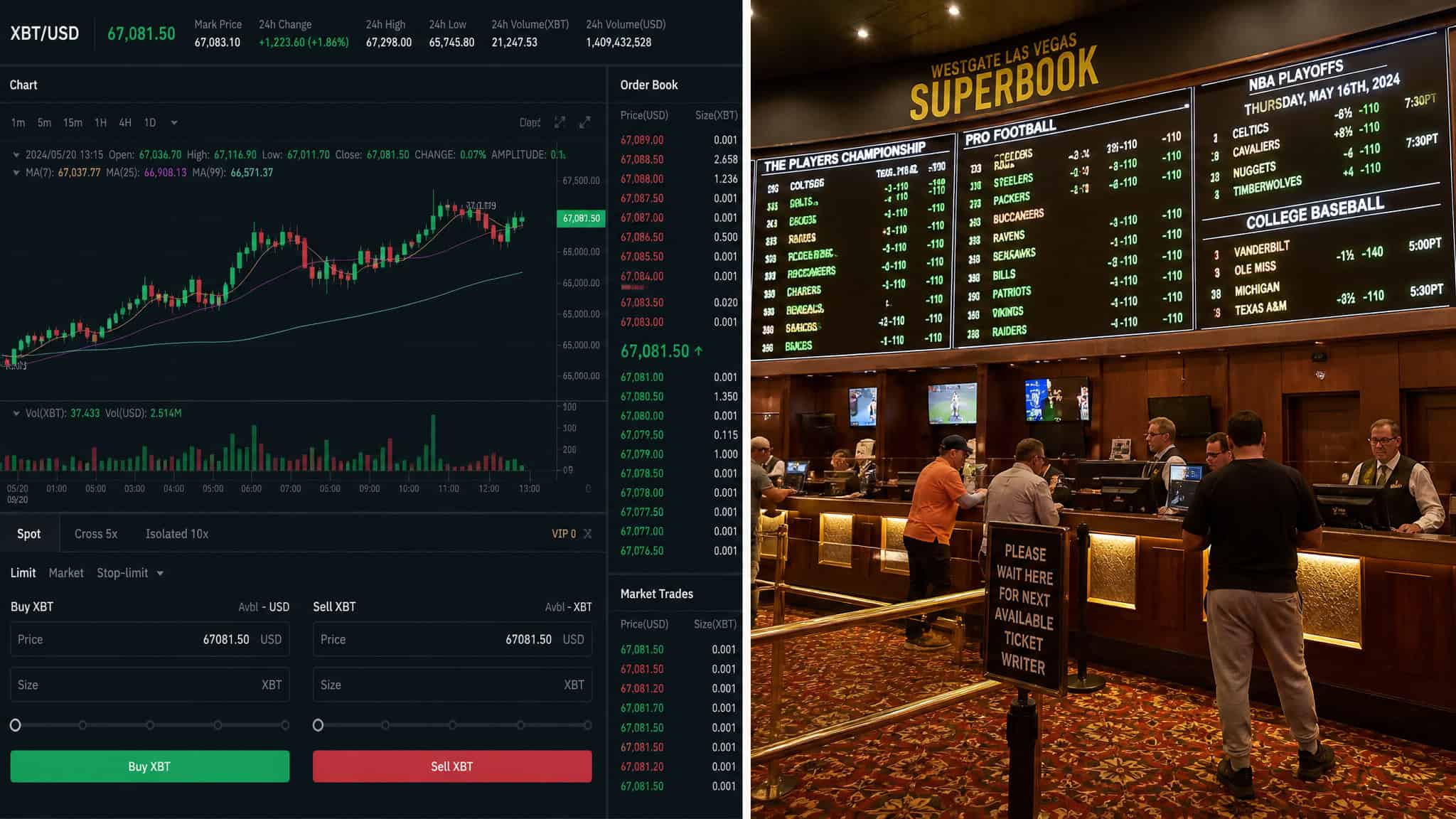 Image showing a stock trading chart and a sports betting board at GeekExtreme, a sports bar with patrons watching games and placing bets.