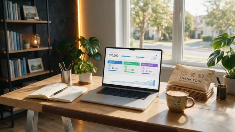 Home office setup with a laptop displaying financial graphs, surrounded by books, plants, and a coffee mug, near a window with natural light.