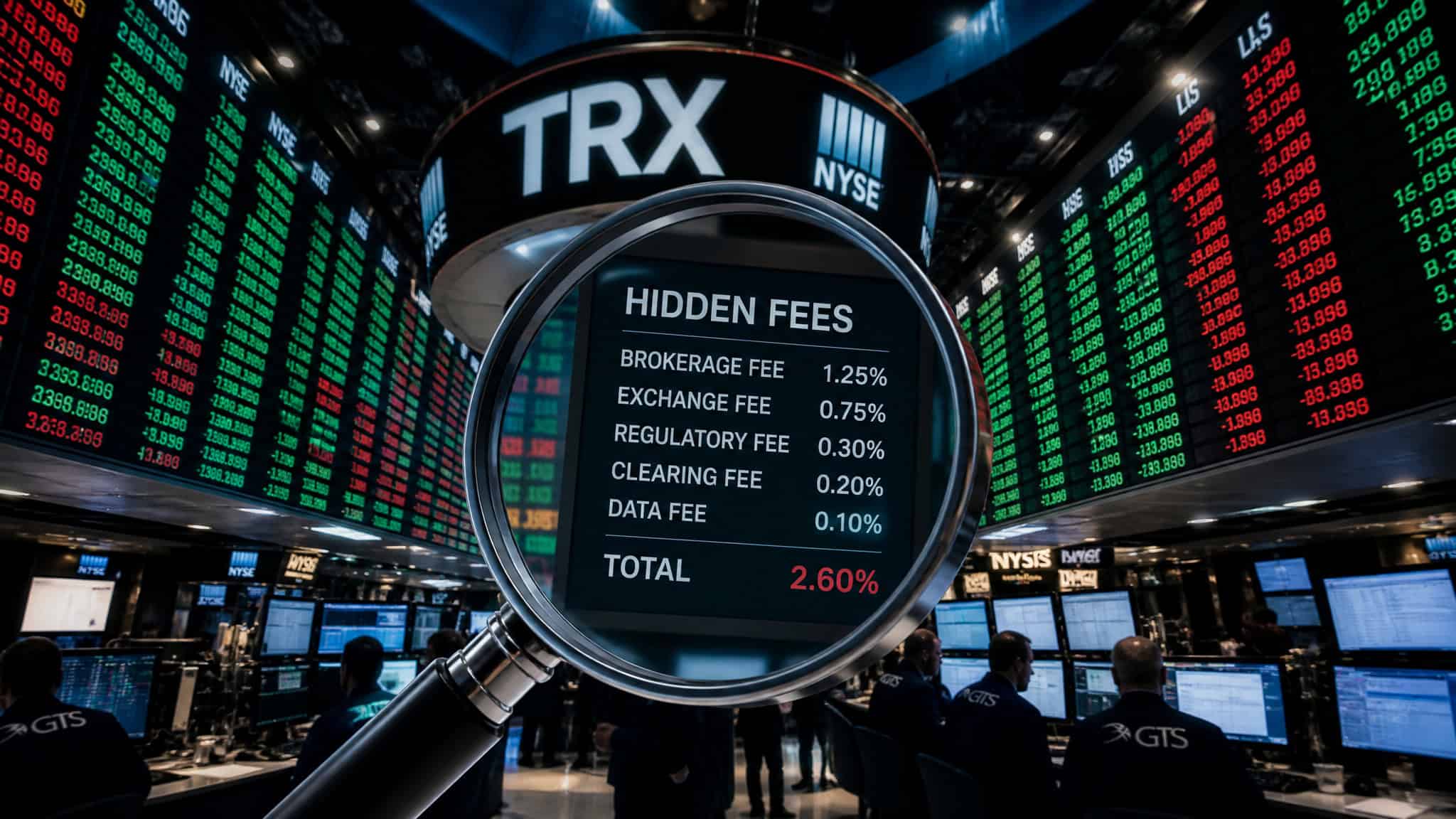 Stock market trading floor with digital screens showing stock prices and a magnifying glass highlighting hidden fees and total percentage.