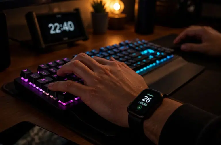 Close-up of a person's hand using a backlit mechanical keyboard and smartwatch in a dimly lit gaming or work environment.