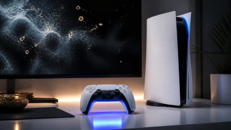 Modern gaming console with controller and LED lighting, ideal for gaming enthusiasts and tech lovers.