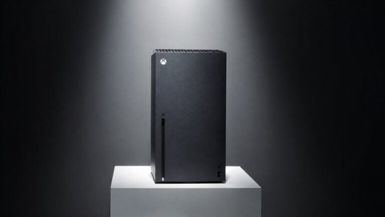 Xbox Series X gaming console on a white pedestal against a dark background, showcasing its sleek black design and vertical orientation.