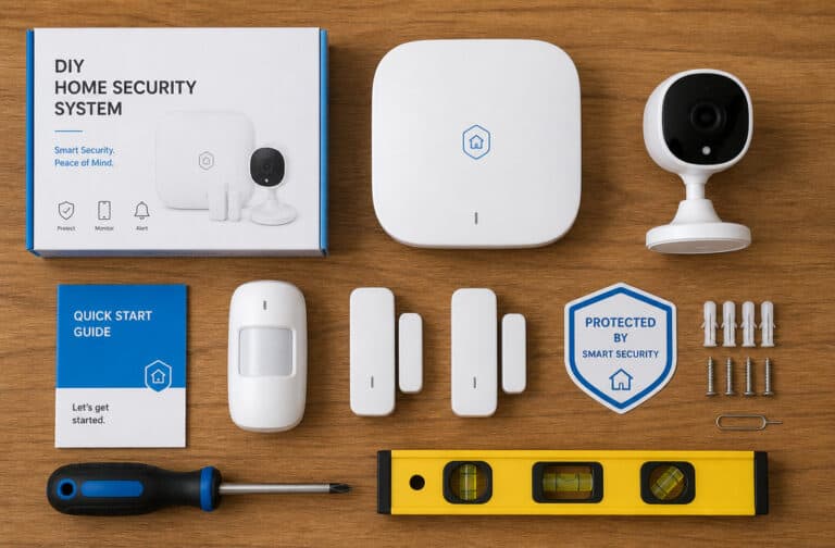 Complete DIY home security system with camera, sensors, and tools for easy installation and monitoring.