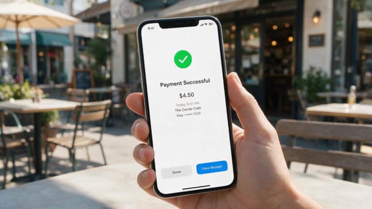 Close-up of a hand holding a smartphone displaying a successful payment message for $4.50 at an outdoor cafe.