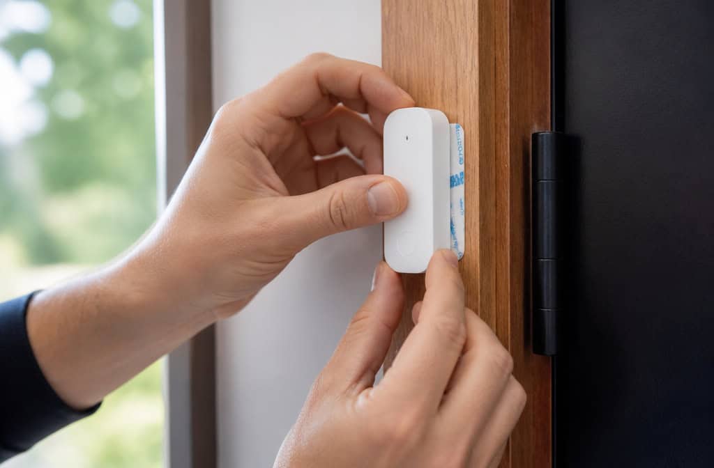How to Install Your Own Security System: 30-Minute Setup for SimpliSafe, Ring, and ADT Blu 2 Installing a door sensor with adhesive tape on a wooden door frame