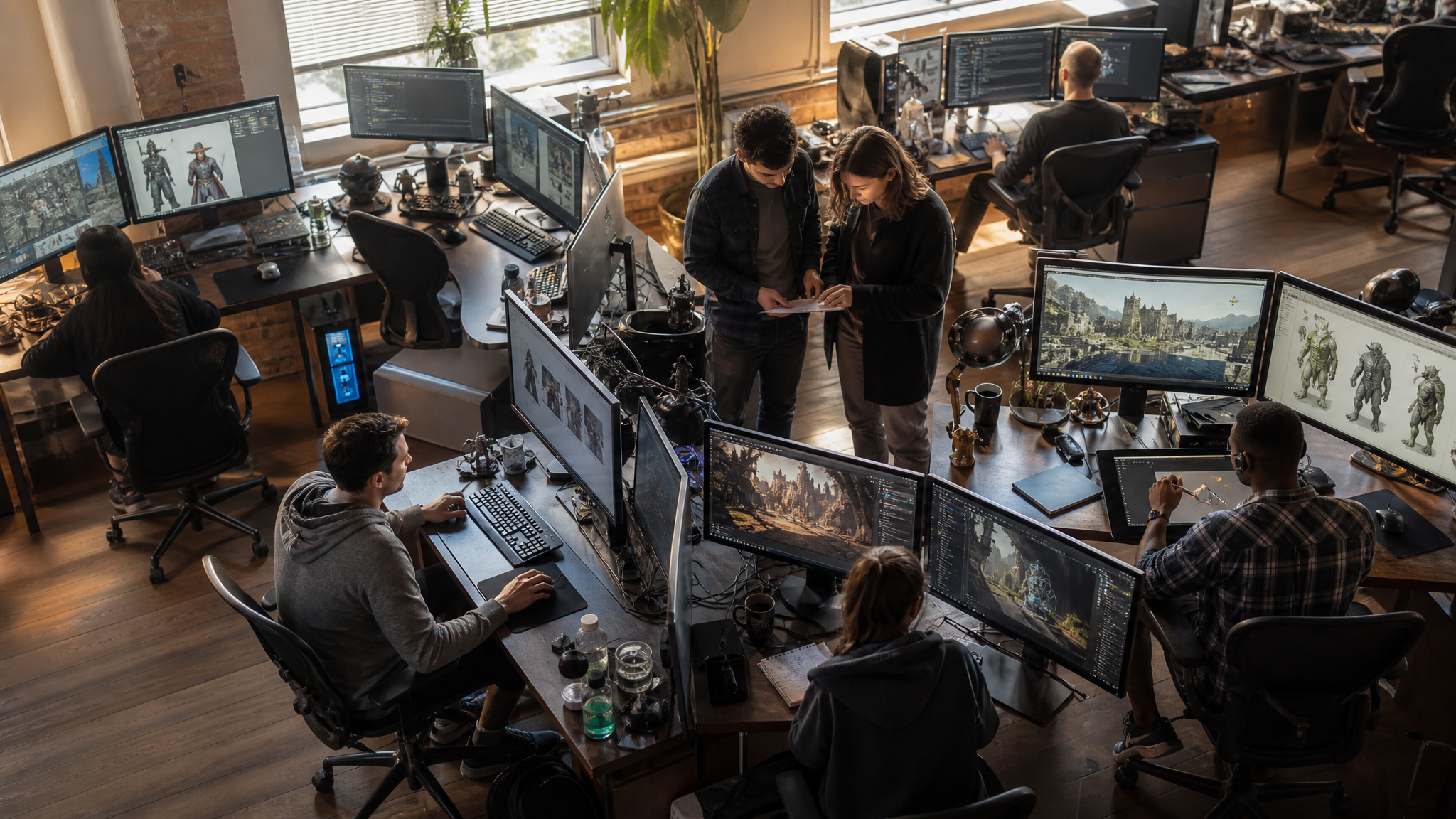 Busy game development studio with multiple projects on monitors, illustrating IO Interactive's workload