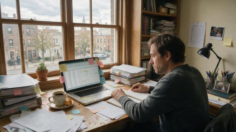 Man working on a laptop at a cluttered desk with stacks of papers, books, and a window view of city buildings in the background.