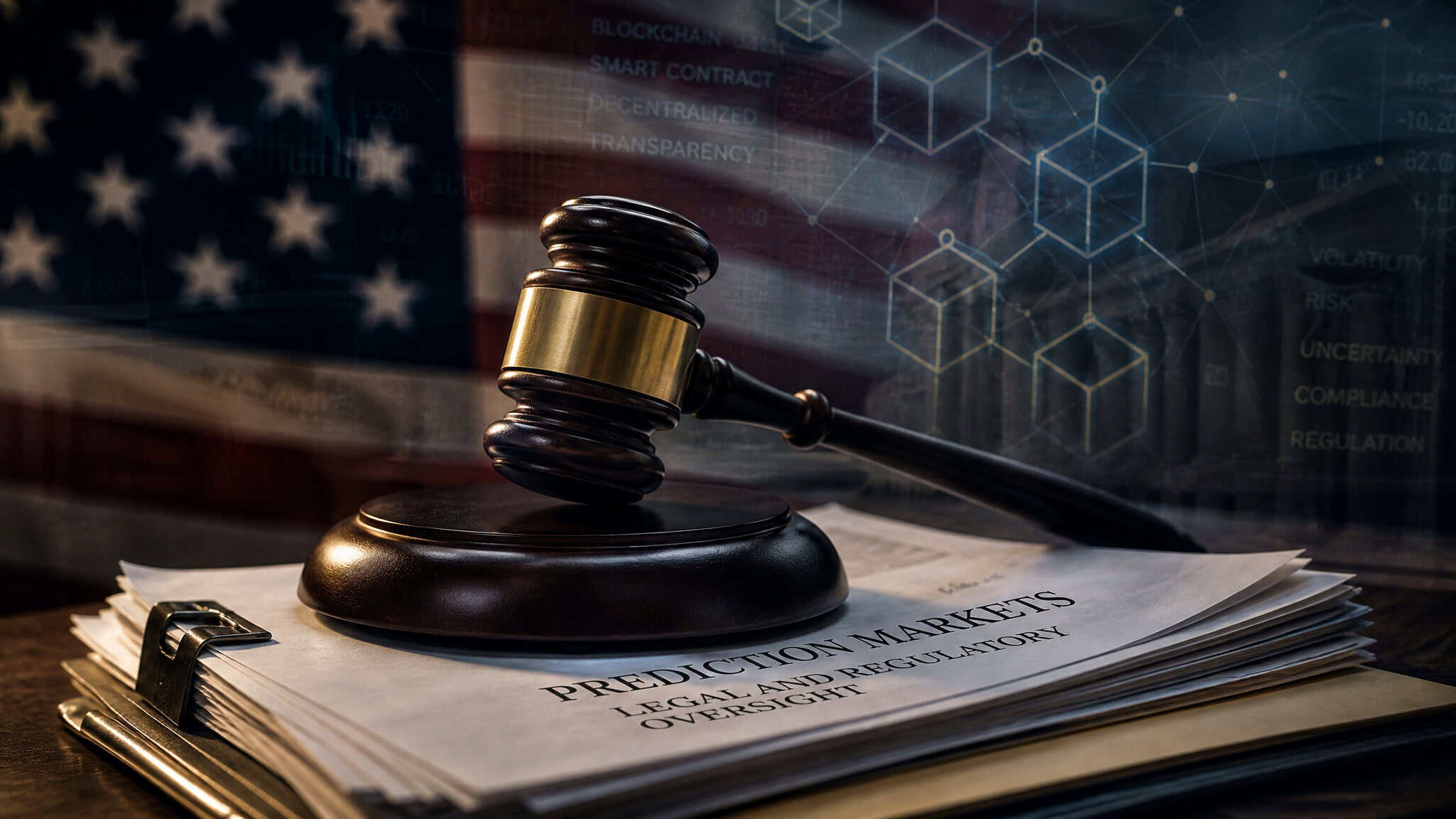 What Are Prediction Markets in Sports Betting? A Guide to How They Work, Fees, and Legality 4 A gavel on legal documents with a blockchain pattern overlay, symbolizing the regulatory battle over prediction markets.
