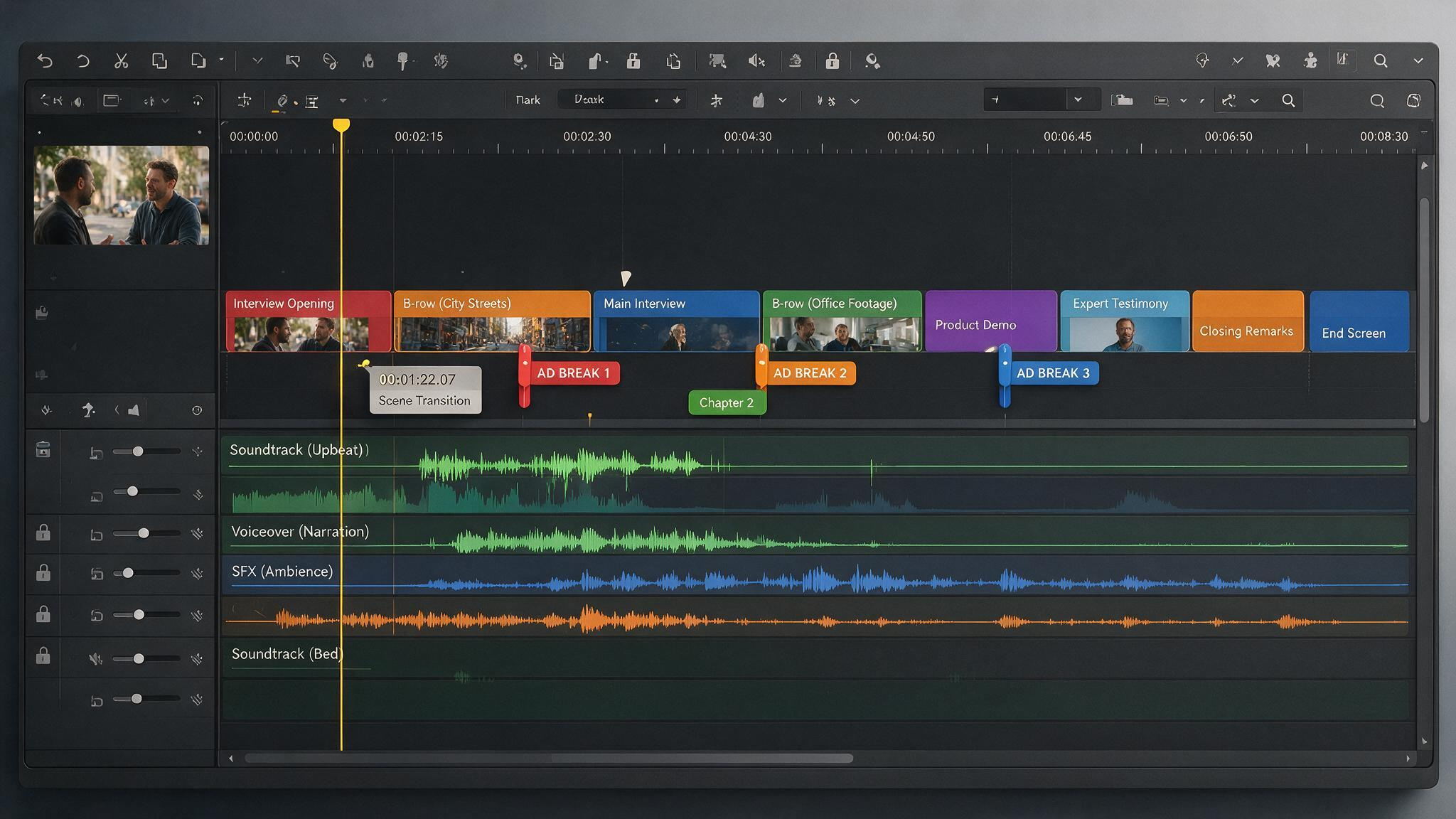 How Many Views for $10,000 a Month on YouTube? The Exact Math by Niche 3 Video editing timeline with manual mid-roll ad markers placed at natural breaks in a long-form video.