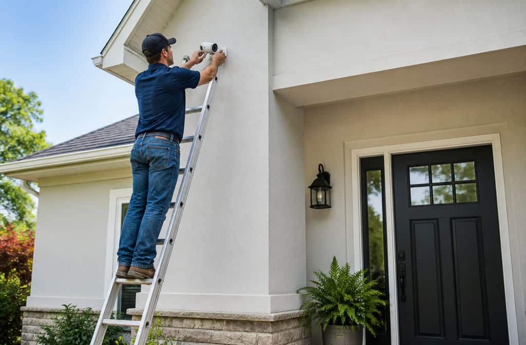 How to Install Your Own Security System: 30-Minute Setup for SimpliSafe, Ring, and ADT Blu 5 Mounting an outdoor security camera high on a wall aimed at an entry point