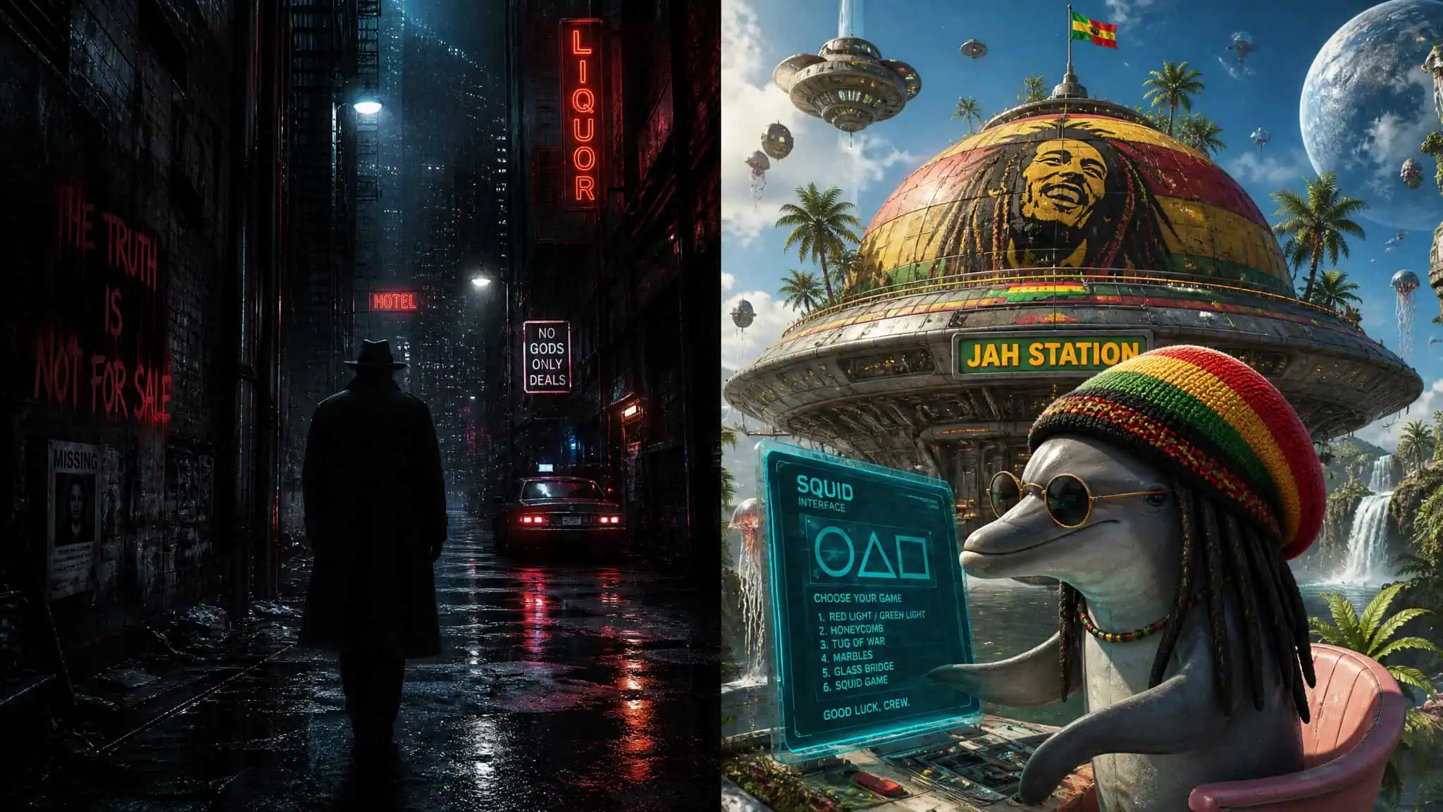 Split image contrasting Neuromancer's grimdark noir with its absurdist elements like a dolphin with a SQUID interface.