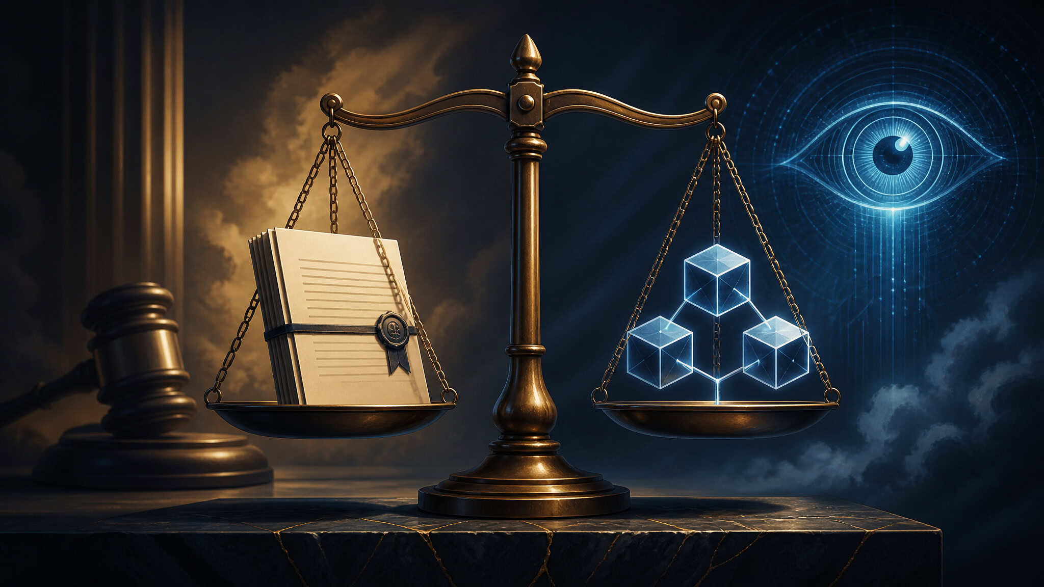 Scale balancing a rulebook and blockchain icon representing resolution oracles in prediction markets