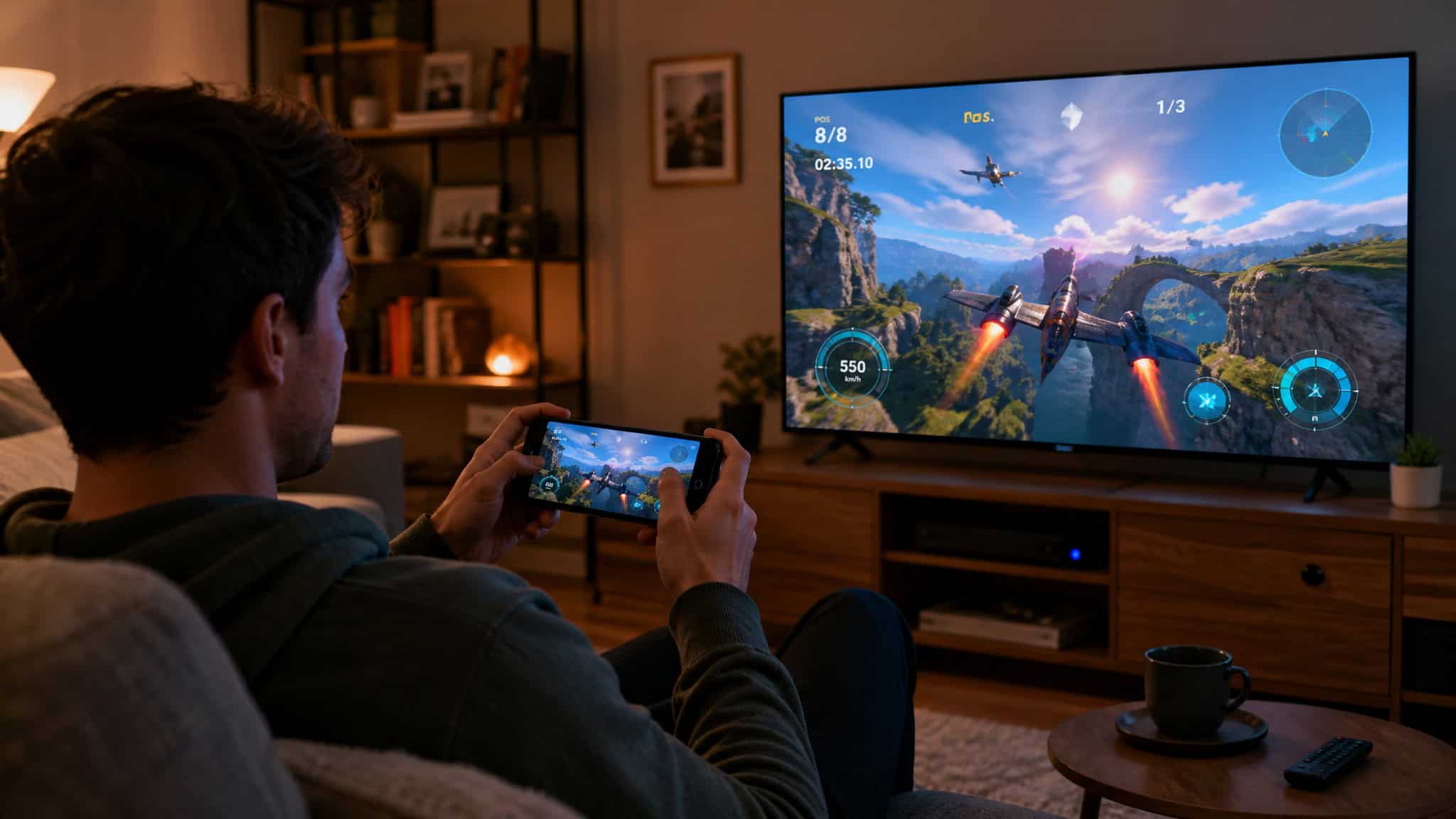 AirConsole Review: What It Is, How It Works, and Whether the Free Games Are Worth Your Time 2 Person using smartphone gyroscope as a game controller for AirConsole on a TV