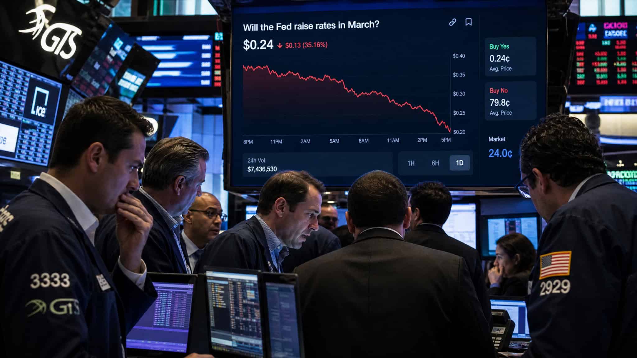How Are Prediction Markets Different from Gambling? The Structural, Legal, and Psychological Divide 3 Traders on a floor watching a prediction market price graph drop sharply.