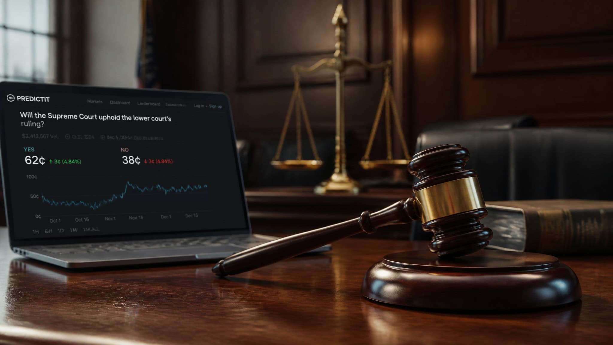 How Are Prediction Markets Different from Gambling? The Structural, Legal, and Psychological Divide 4 Judge's gavel and laptop showing a prediction market contract in a courtroom.
