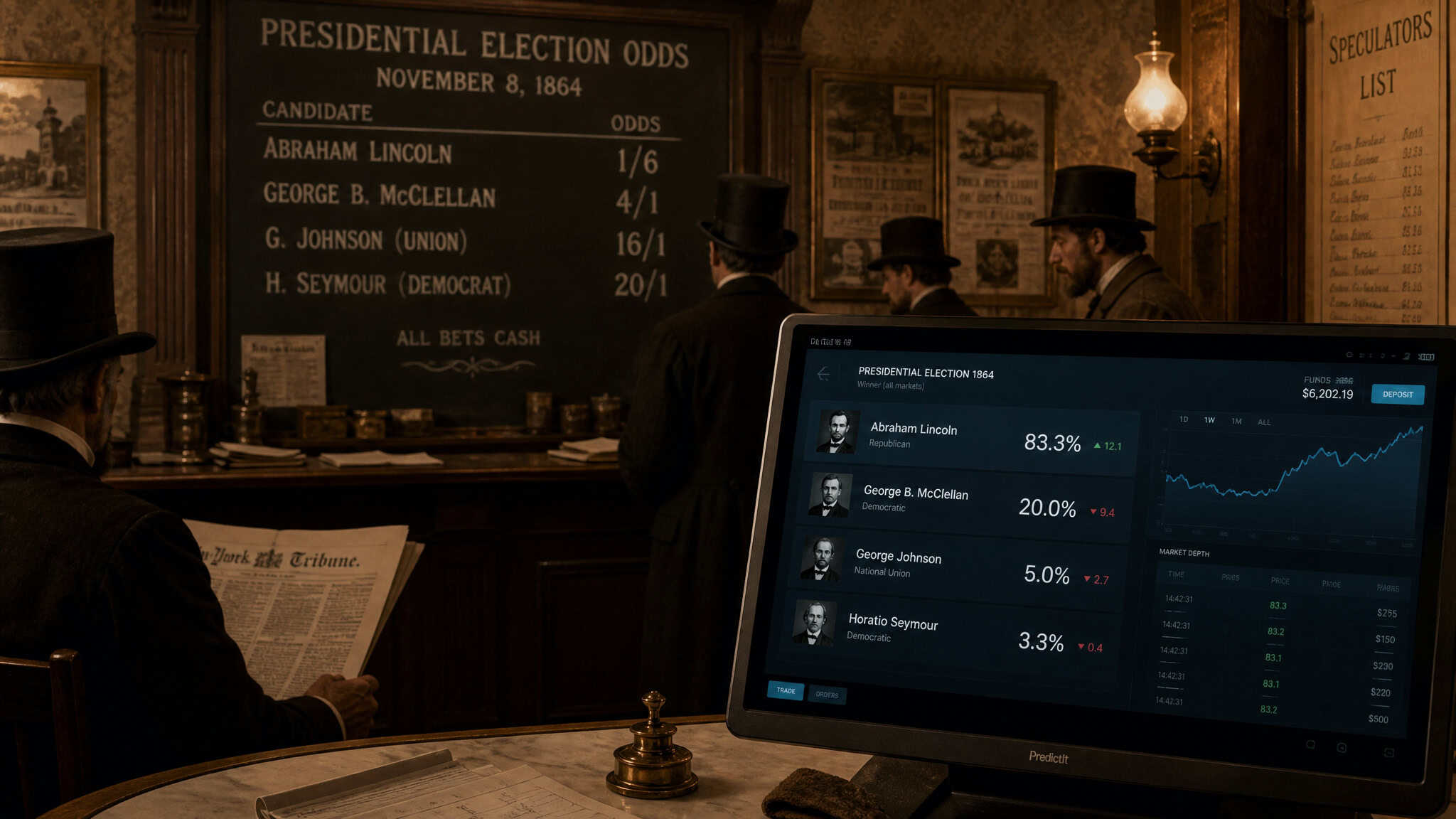 Historical betting parlor and modern trading terminal showing evolution of prediction markets