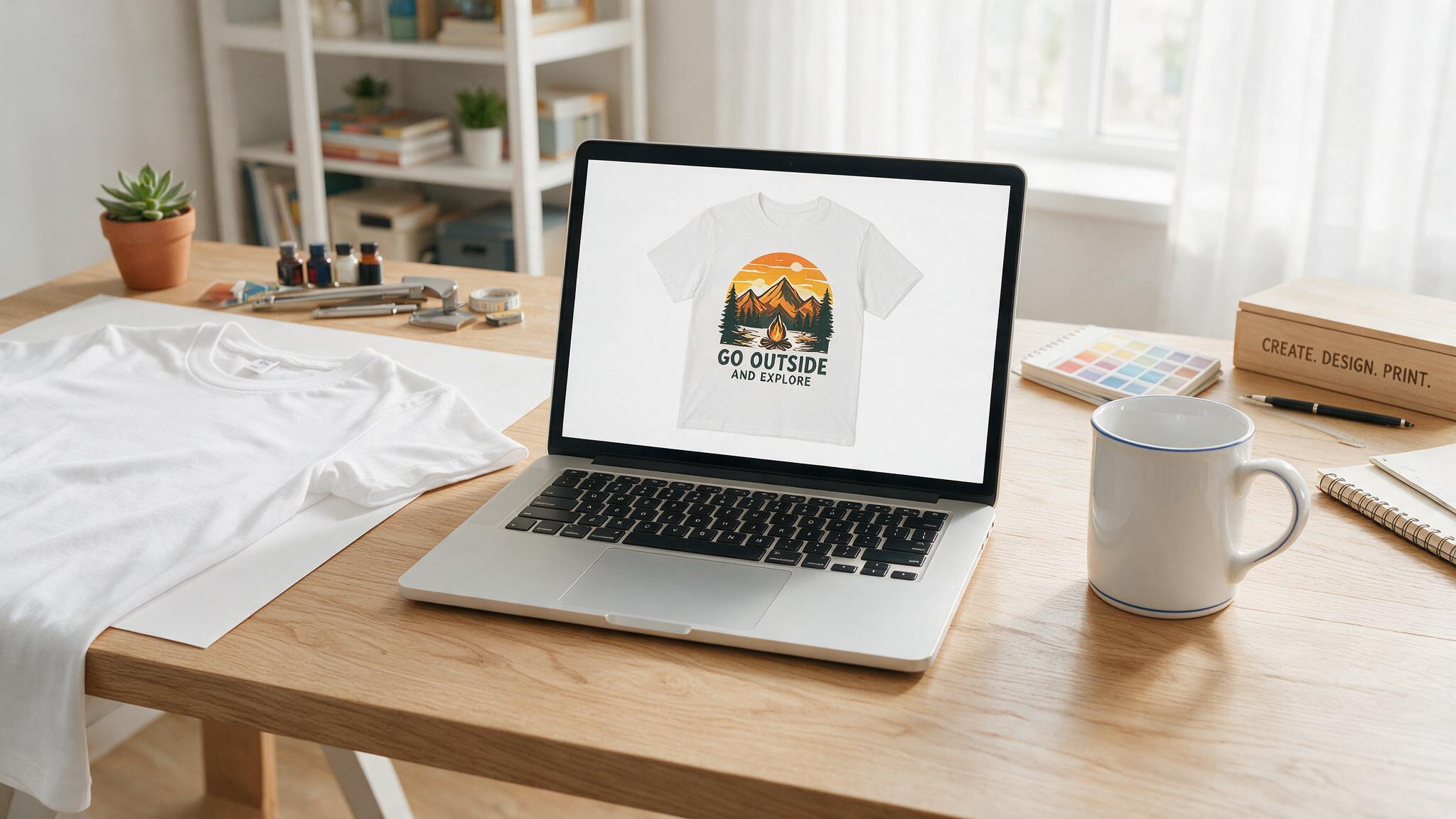 Make $1,000 a Week from Home: 5 Real Methods with Payout Timelines 3 Print-on-demand design workspace with laptop and blank t-shirt for ecommerce income