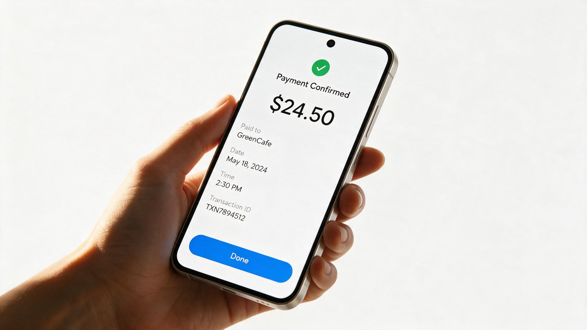 Close-up of a hand holding a smartphone displaying a payment confirmation of $24.50 for GreenCafe, dated May 18, 2024, at 2:30 PM.