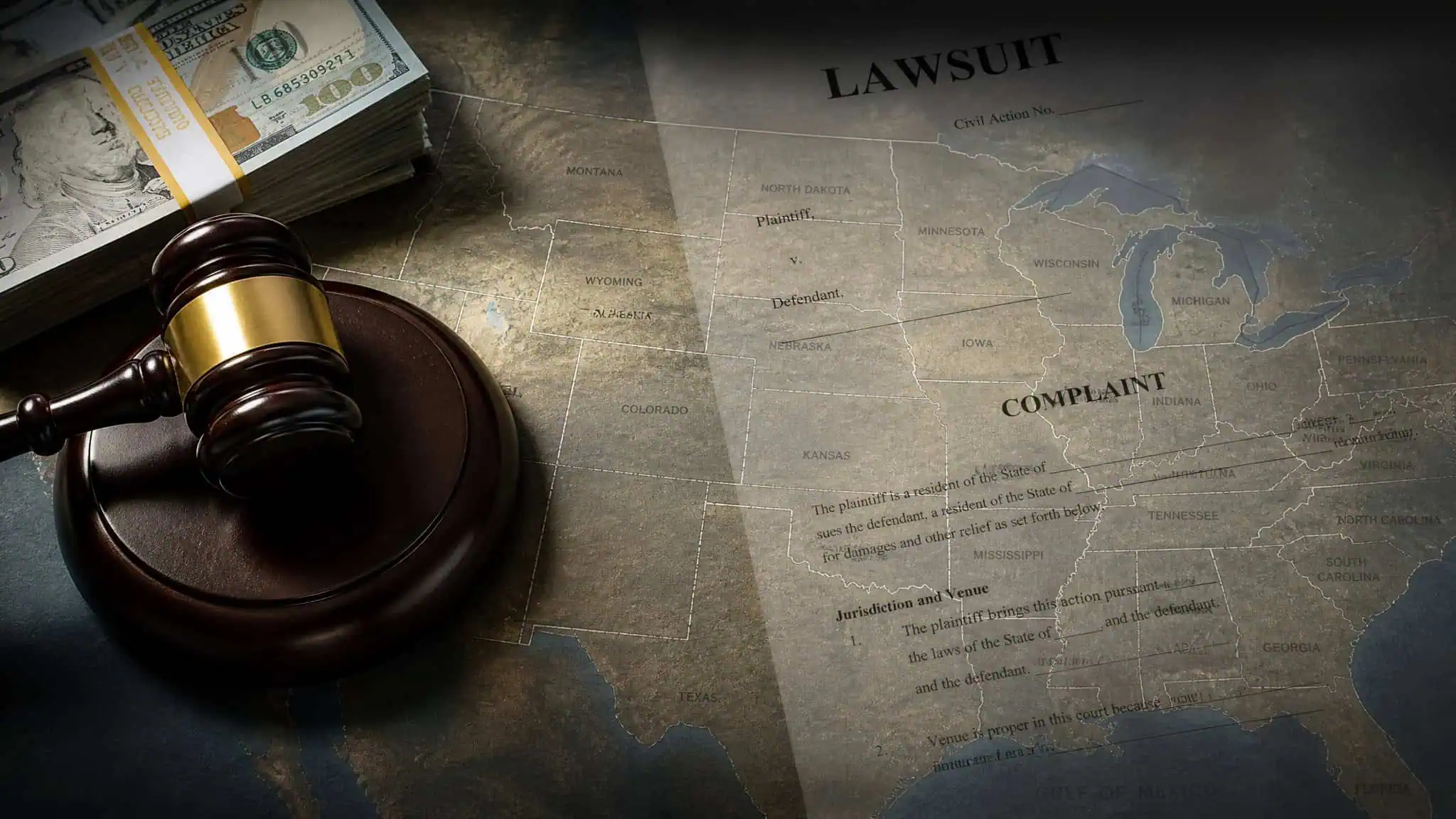 How Do Prediction Markets Make Money? Fees, Spreads & Hidden Costs 4 Gavel resting on a legal document titled 'Lawsuit' and 'Complaint' with a world map background, symbolizing legal proceedings and international law.