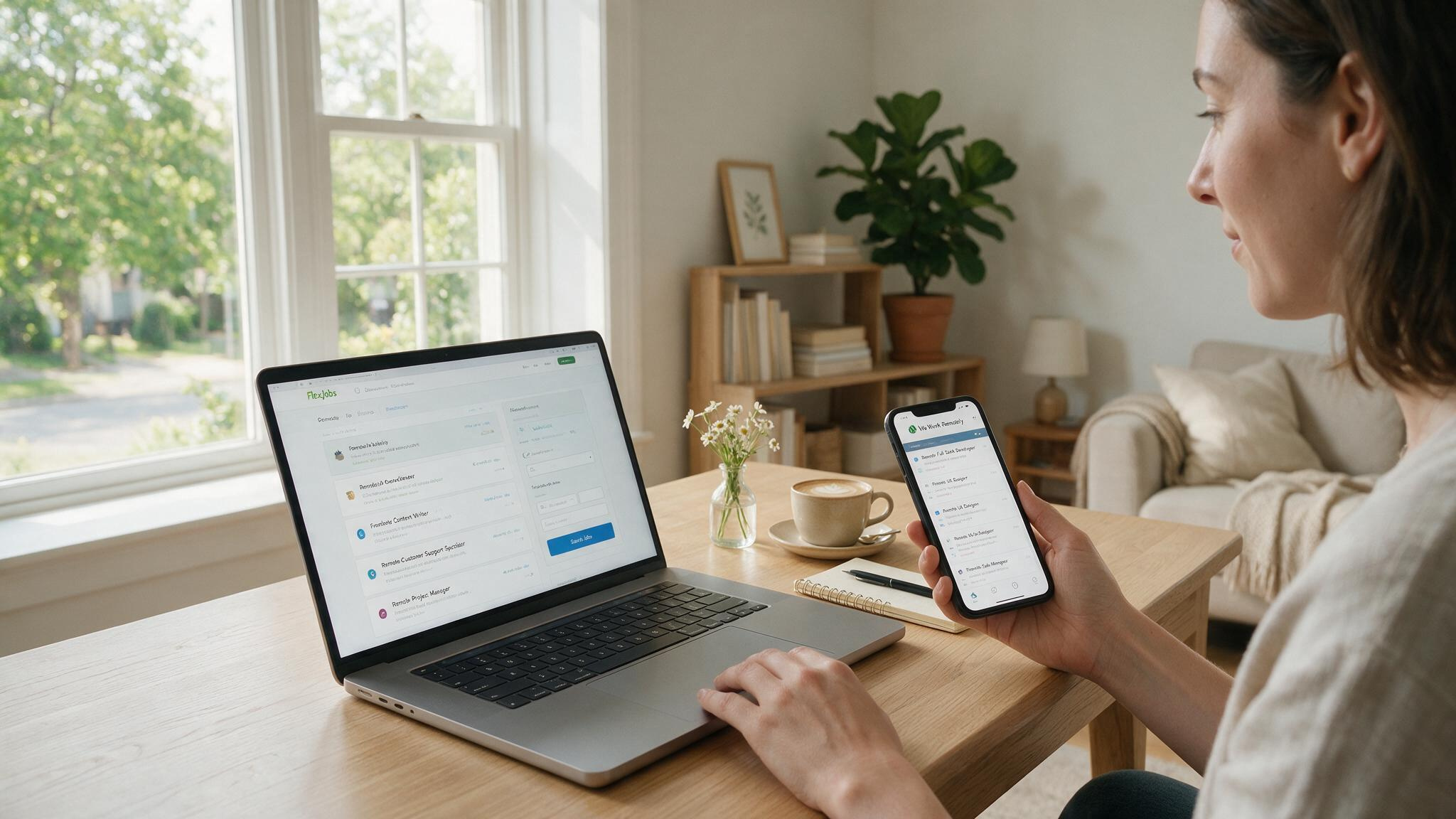 7 Legit Work-From-Home Jobs for Women (Real Salaries) 3 Woman comparing remote job boards on laptop and smartphone, choosing between free and paid options.