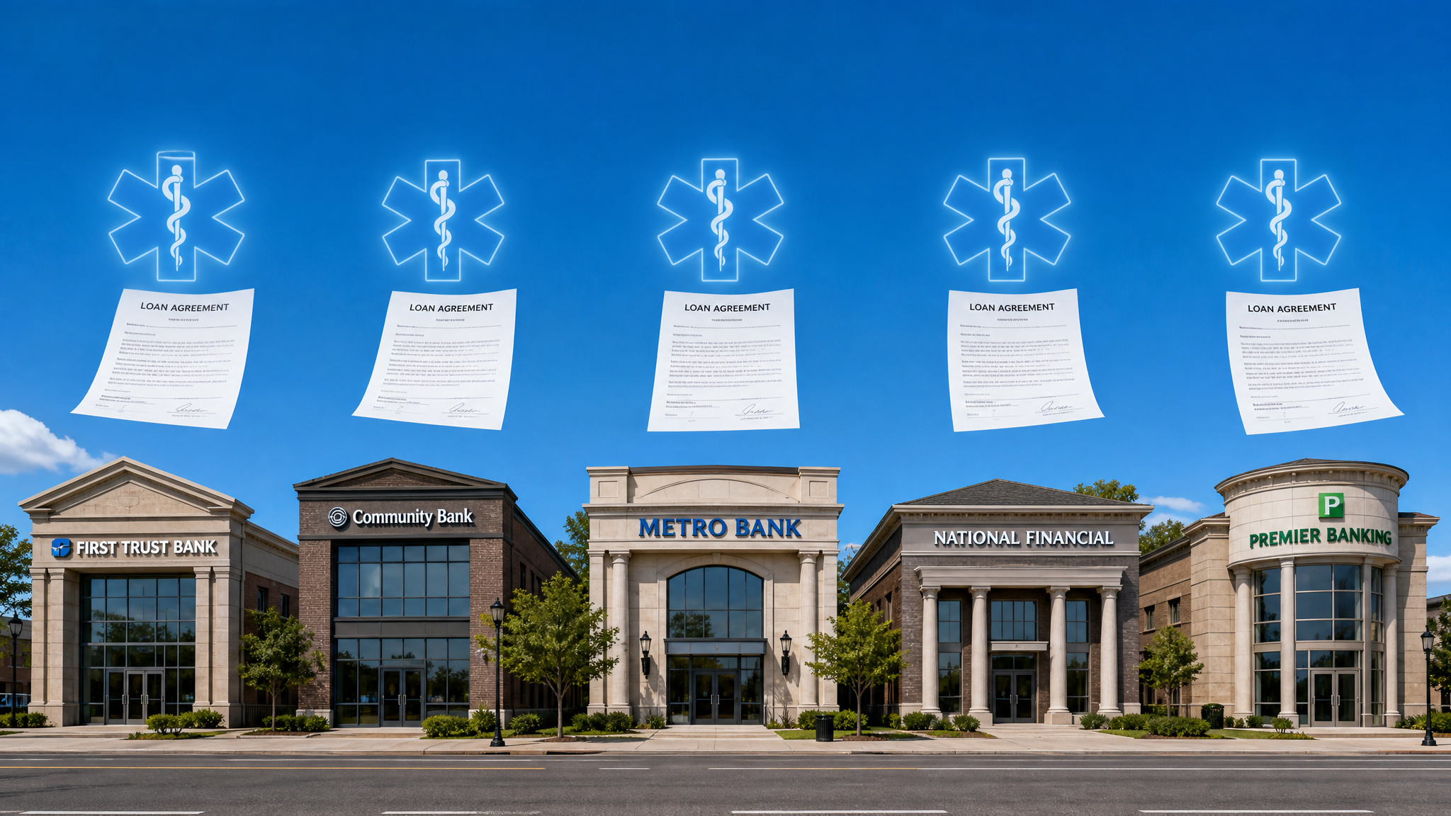 How to Get a Medical Residency Loan: Rates, Lenders & Repayment 3 Row of bank buildings with medical symbols and loan documents, representing residency lender options.