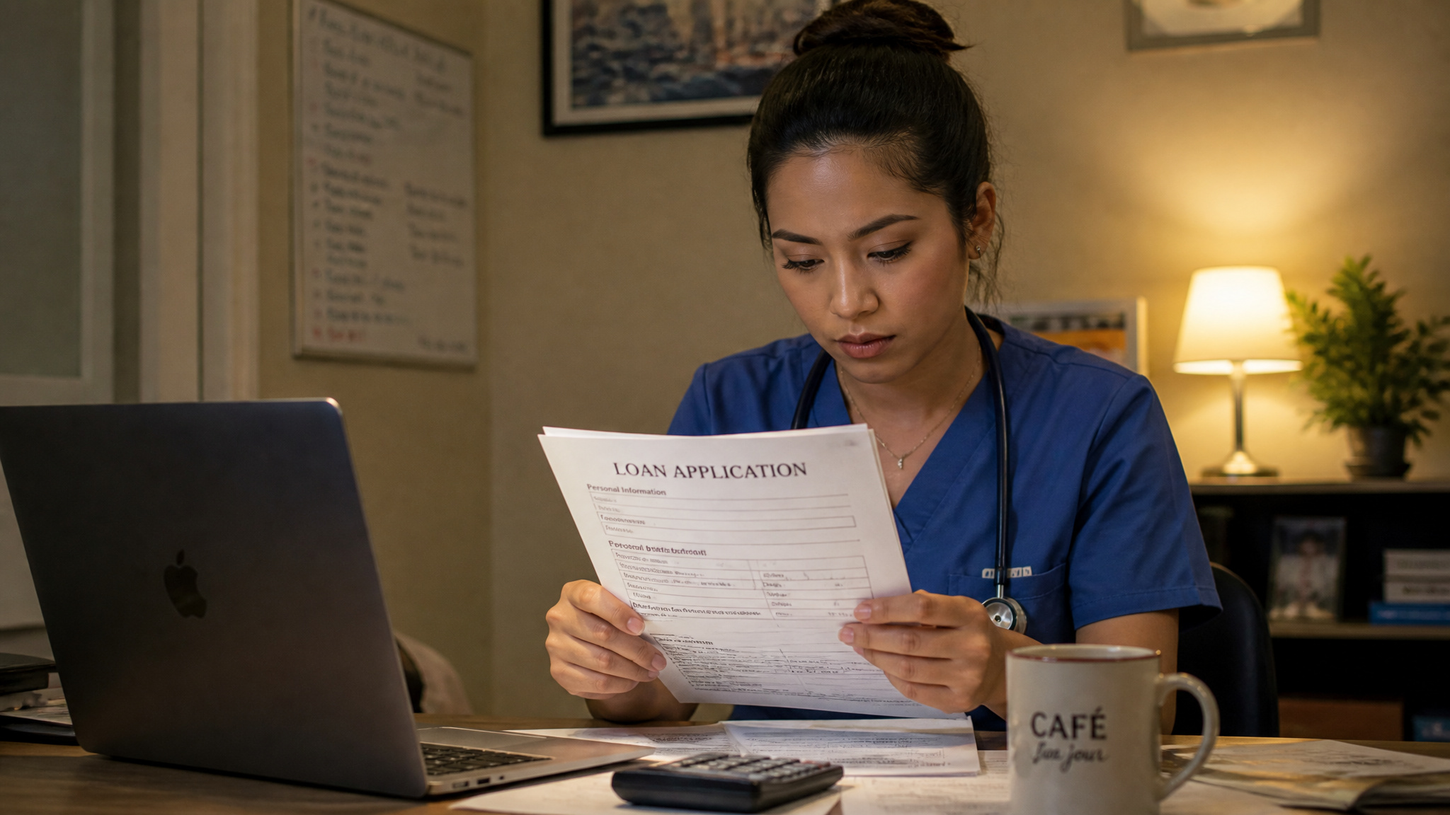 How to Get a Medical Residency Loan: Rates, Lenders & Repayment 4 Medical resident reviewing loan application on laptop with documents and calculator, illustrating application steps.